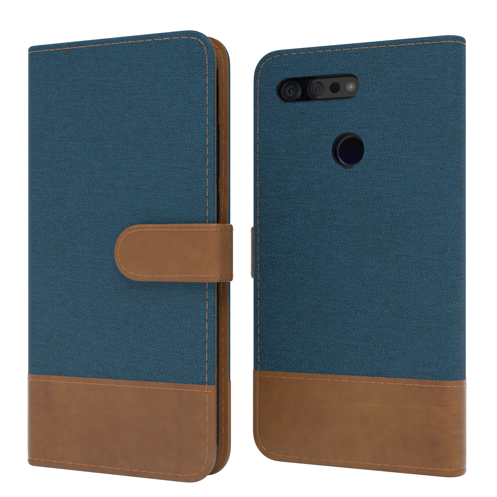 Blau-braune Handyhülle, mit einem Telefon darin. Zwei Seiten.