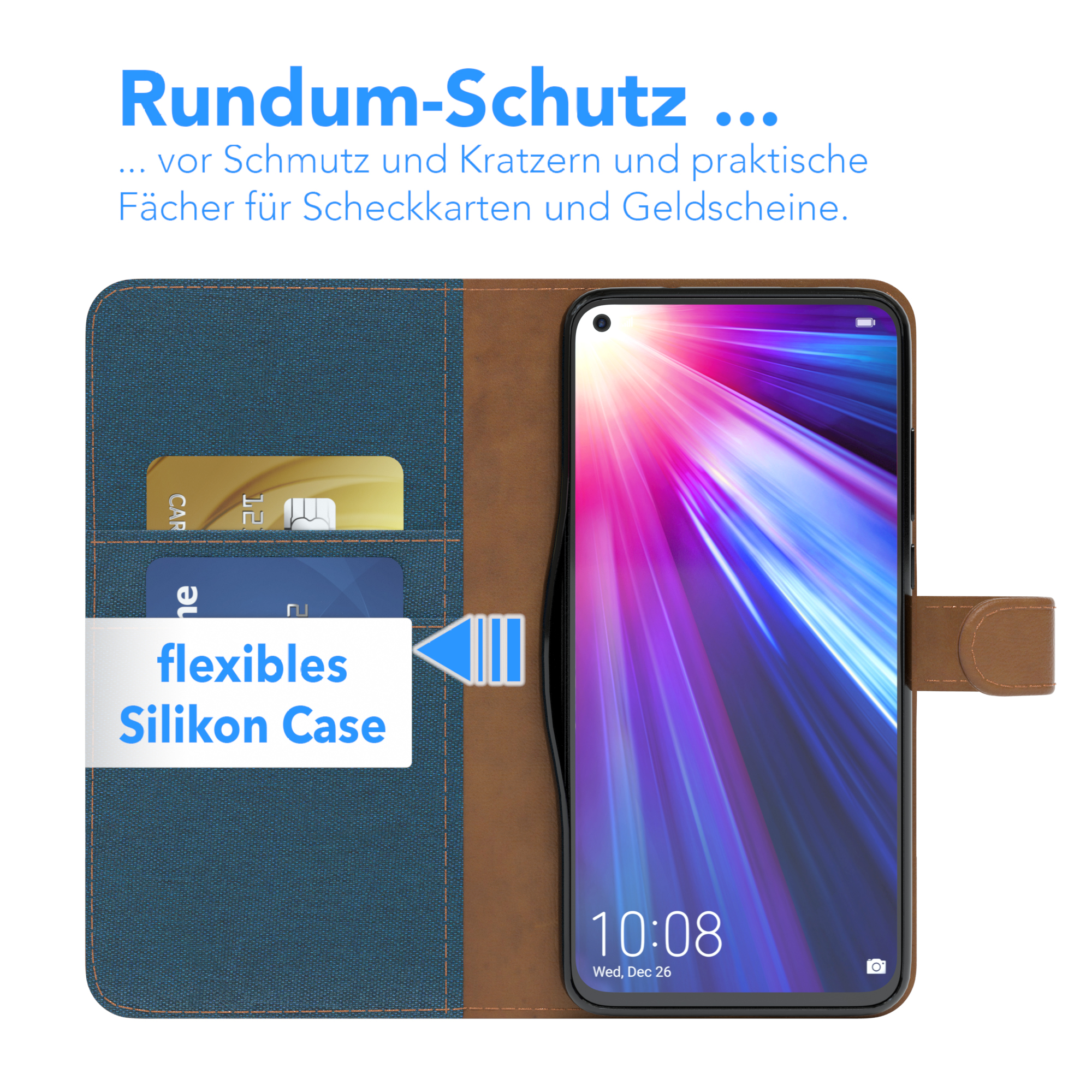 Offene Handyhülle mit Karten, Telefon. Blau und braun. Text 'Rundum-Schutz'.
