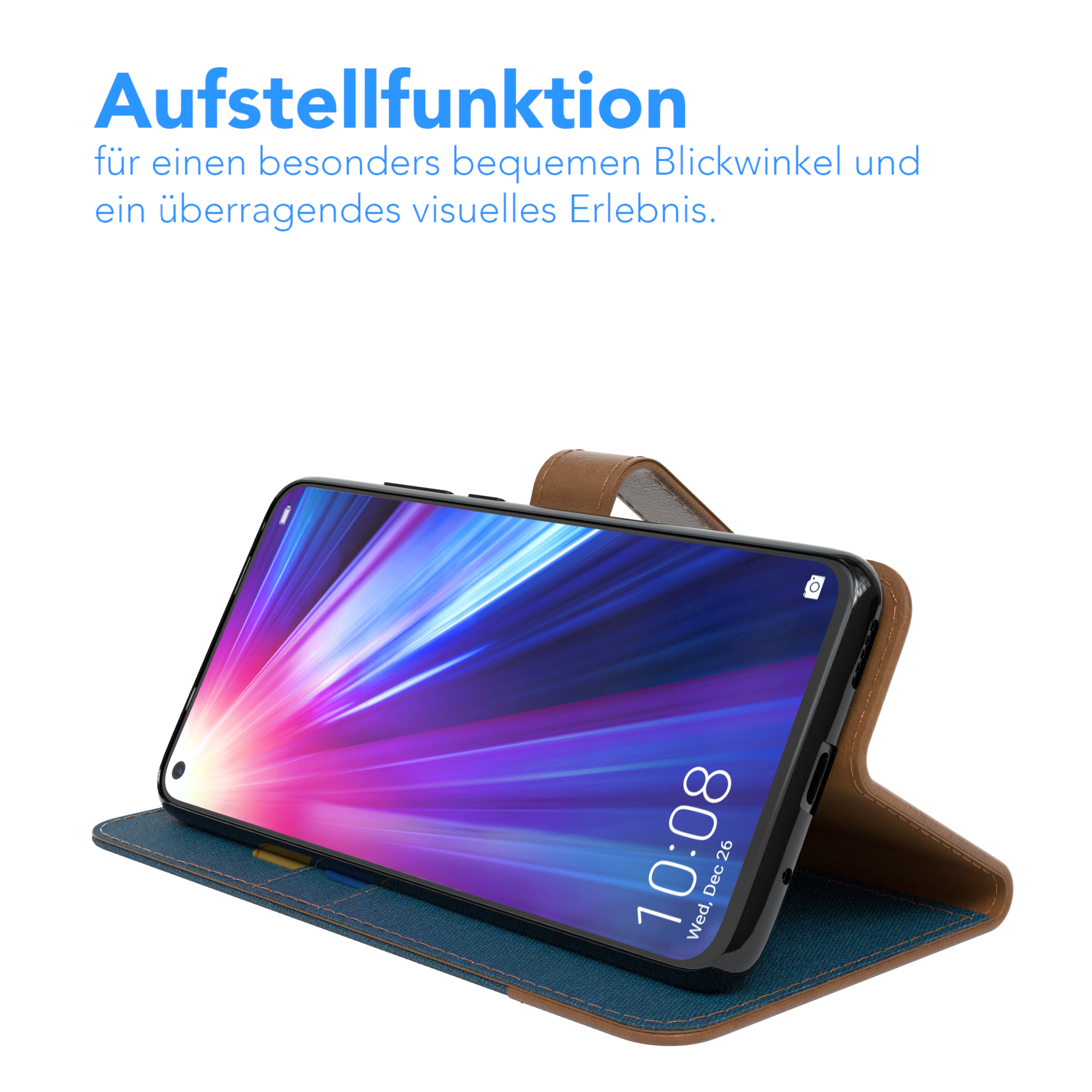 Ein Telefon in einer Hülle, geöffnet und hochgestellt. Der Bildschirm zeigt einen weißen Hintergrund. Blaue Abdeckung.