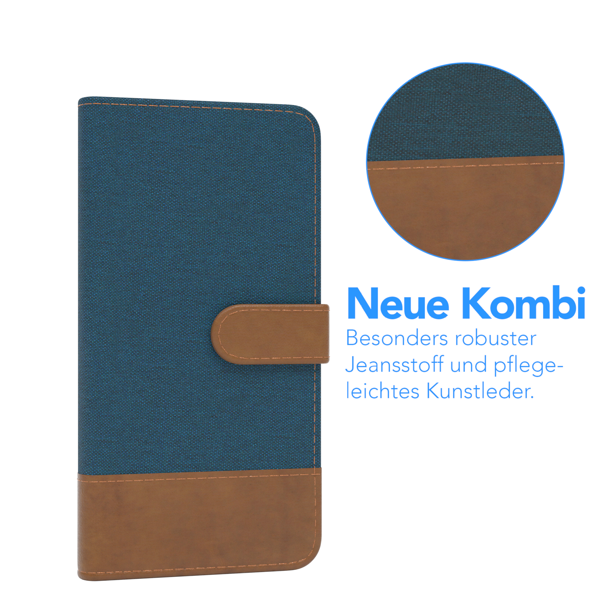 Blaue und braune Handyhülle mit blauem Oberteil und braunem Unterteil, weiße Nähte.