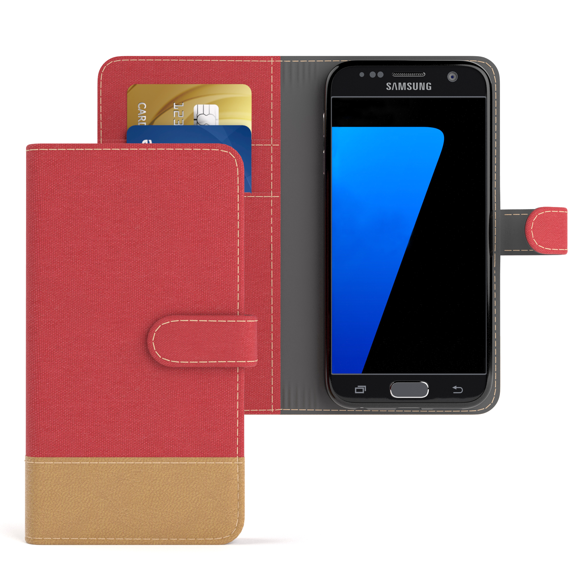 Rote und hellbraune Handyhülle, geöffnet, um ein Telefon mit blauem Bildschirm und Kreditkarten zu zeigen.