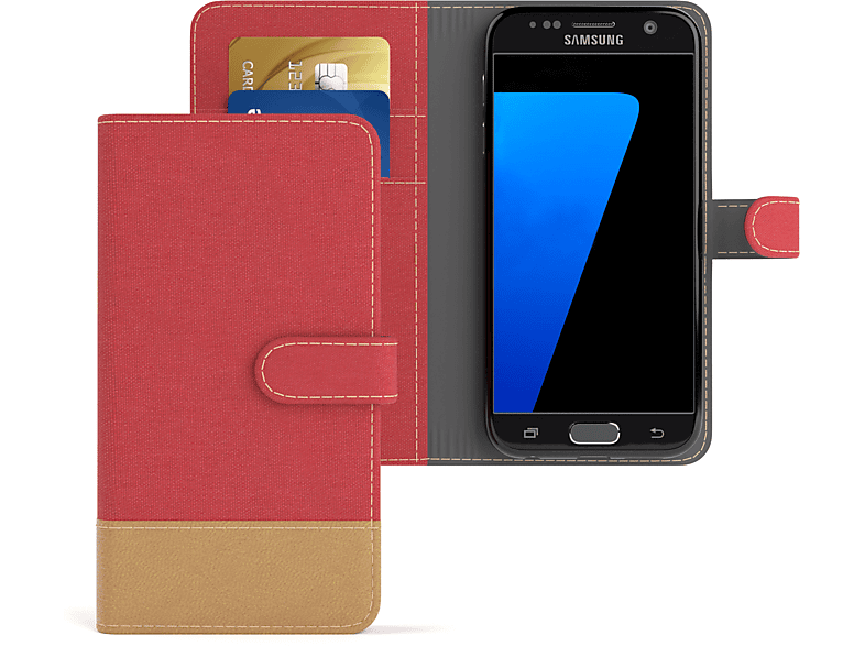 EAZY CASE Bookstyle Klapphülle Jeans mit Kartenfach, Bookcover, Samsung, Galaxy S7, Rot