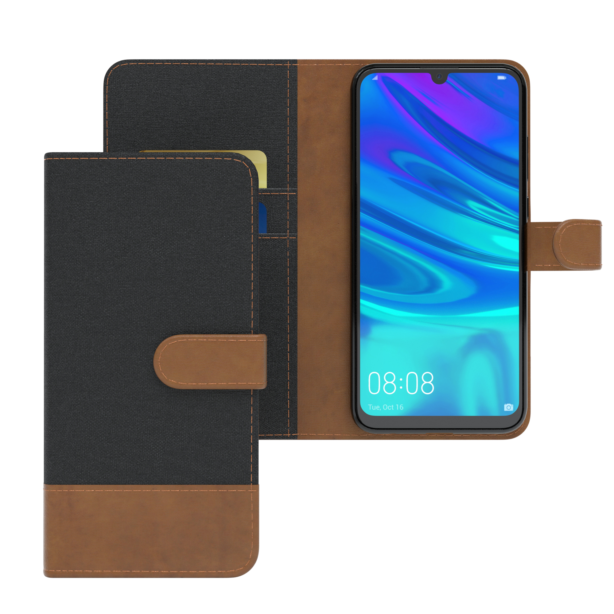 Schwarze und braune Handyhülle mit offenem Telefon. Der Bildschirm zeigt Uhrzeit und Datum.