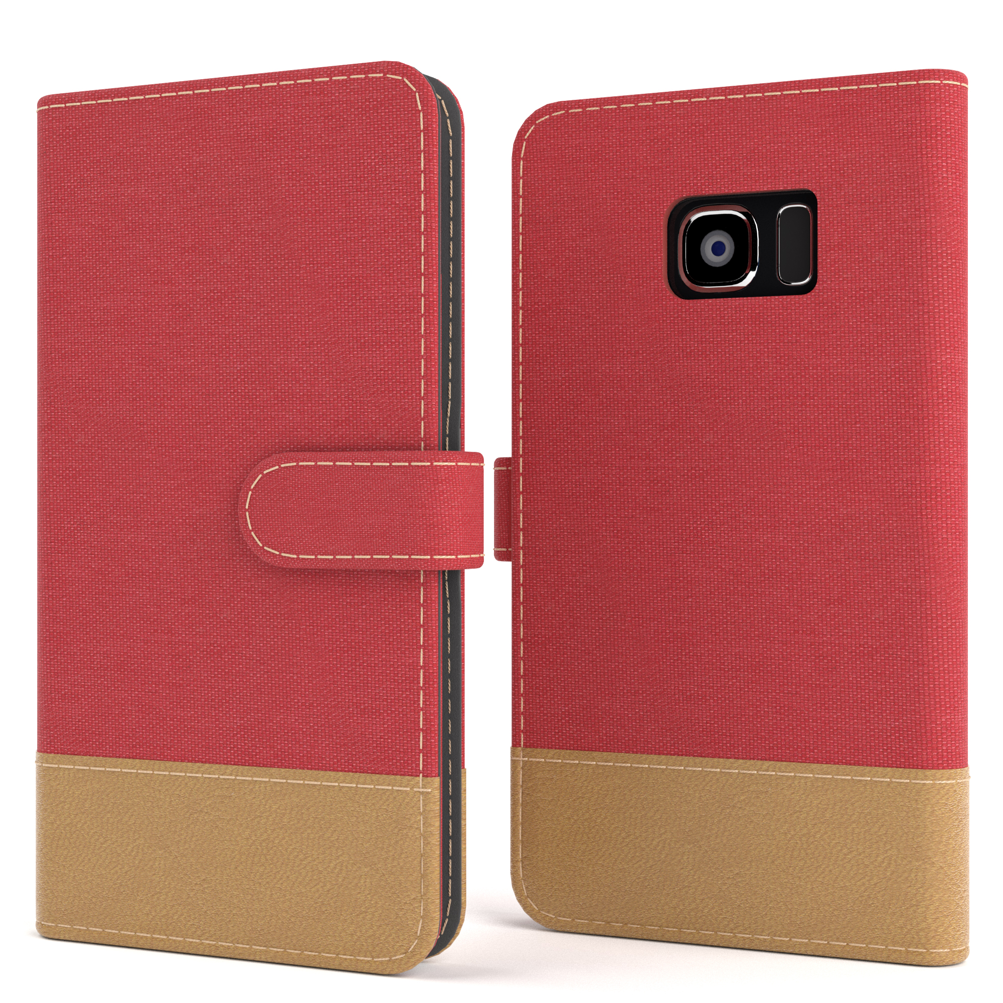 Rote und beige Handyhülle, offen, mit Knopfverschluss. Telefon mit sichtbarer Kamera.