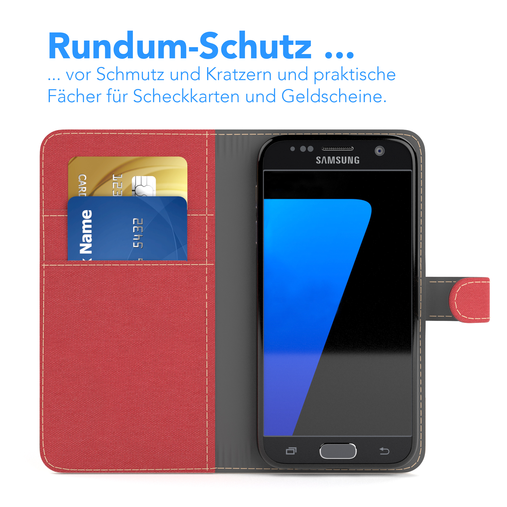 Eine Handyhülle öffnet sich und zeigt Karten und ein Telefon. Es ist rot mit einem schwarzen Telefon und weißem Text.