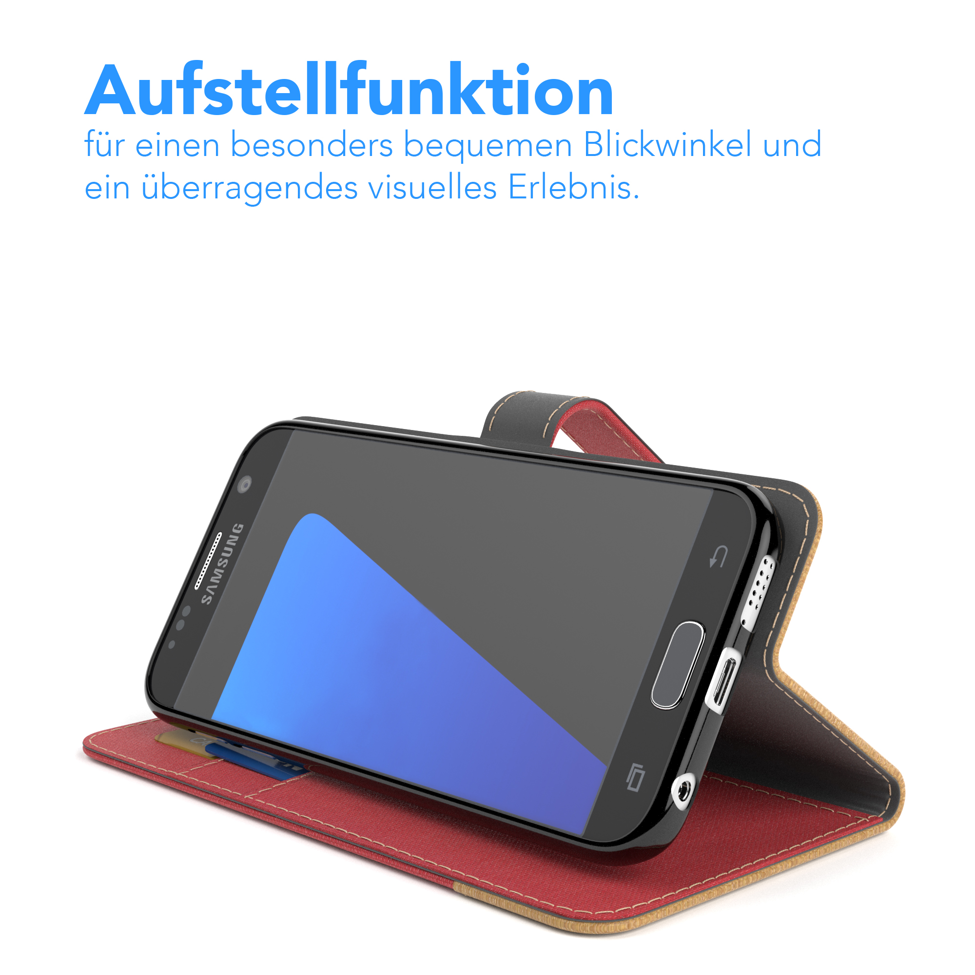 Telefon in einer Hülle, geöffnet, um den Bildschirm anzuzeigen.