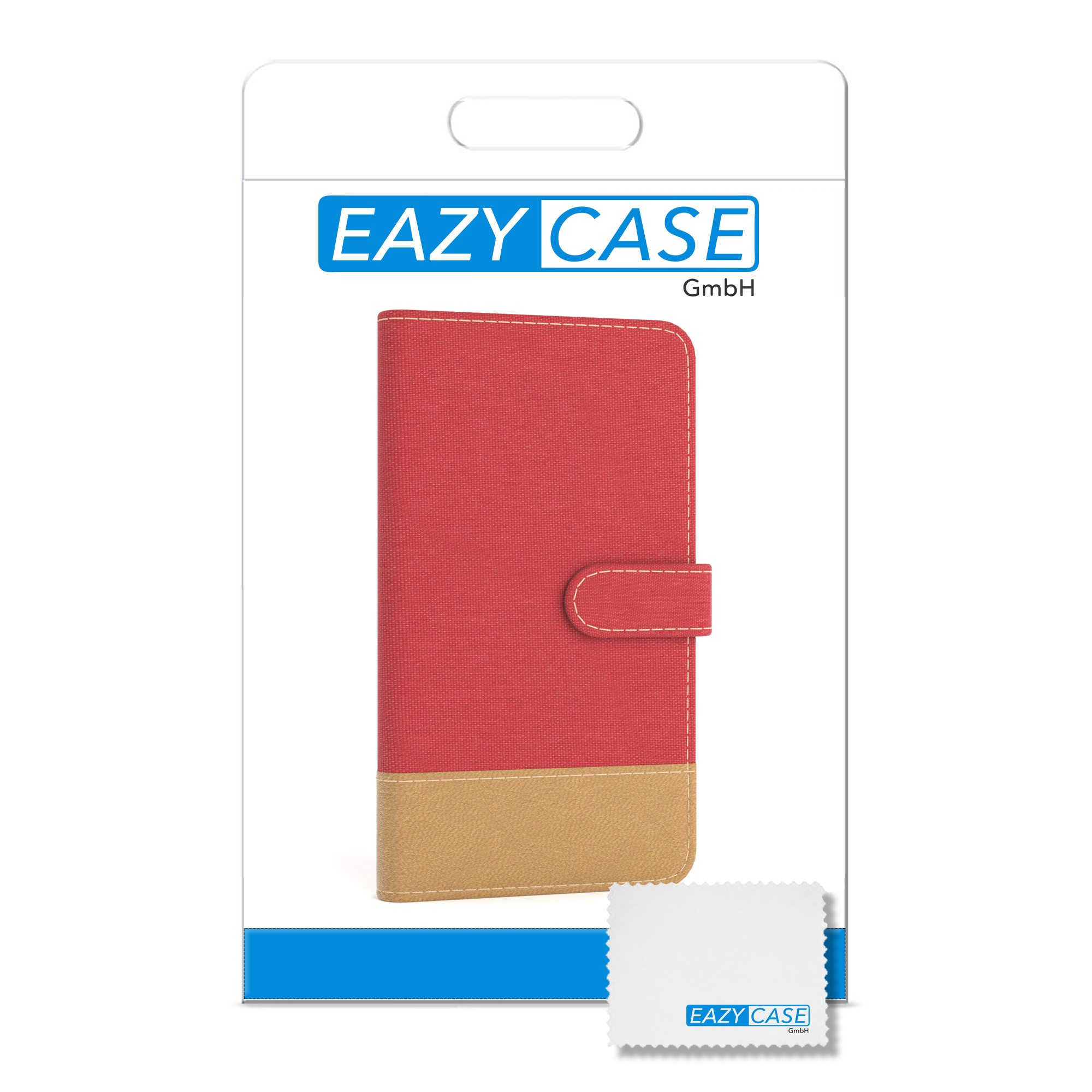 Eine rot-beige Handyhülle in der Verpackung. Die Hülle ist mit einem Verschluss geschlossen.