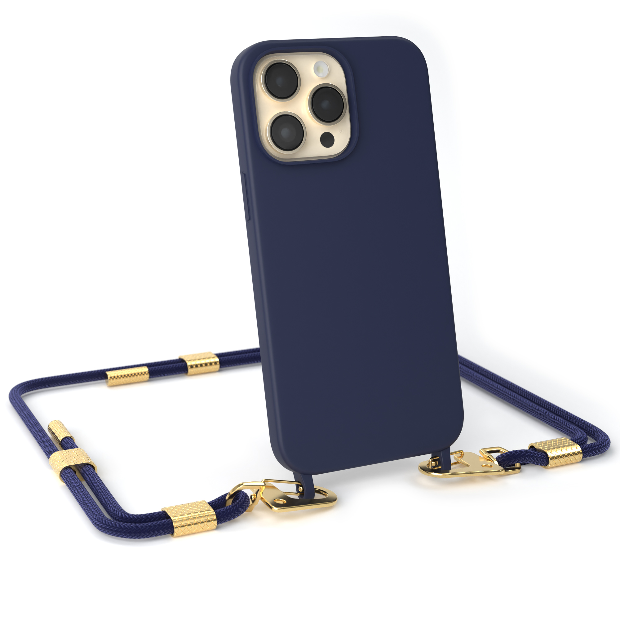Marineblaue Handyhülle mit marineblauem Kabel. Goldene Verschlüsse, weißer Hintergrund. Telefon mit Kameras.