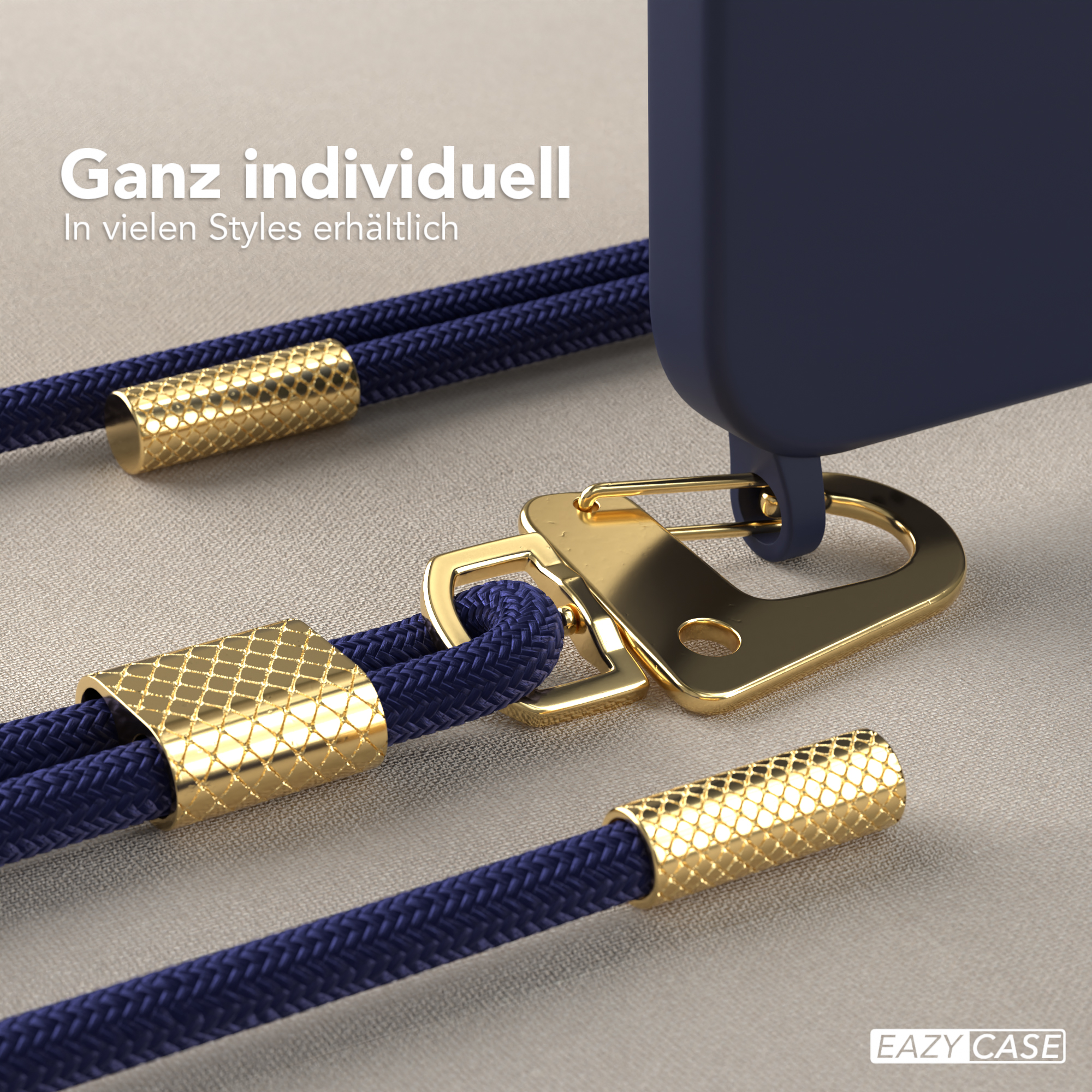 Nahaufnahme einer Handyhülle mit blauem Seil und goldenen Details. Text 'Ganz individuell'.