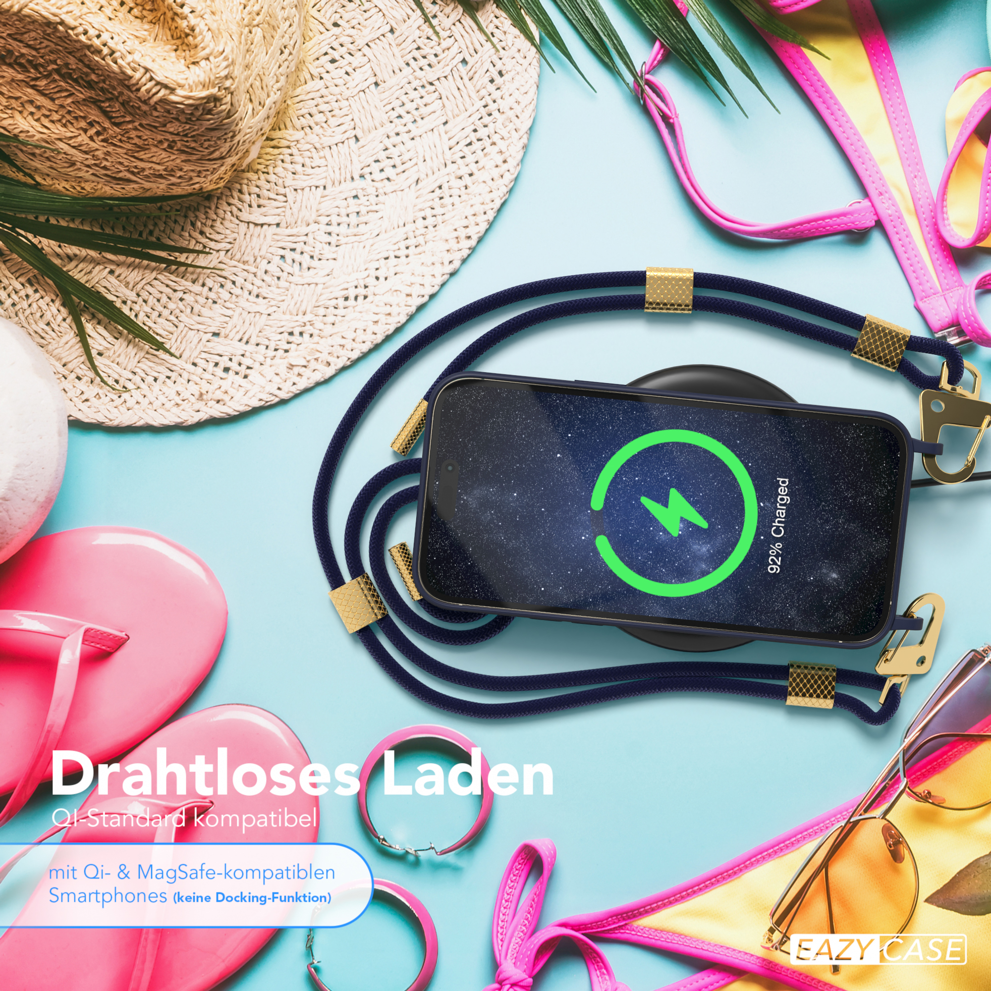 Telefon lädt auf einem Pad, mit Sommeraccessoires. Text auf Deutsch: Kabelloses Laden, Qi-Standard kompatibel.
