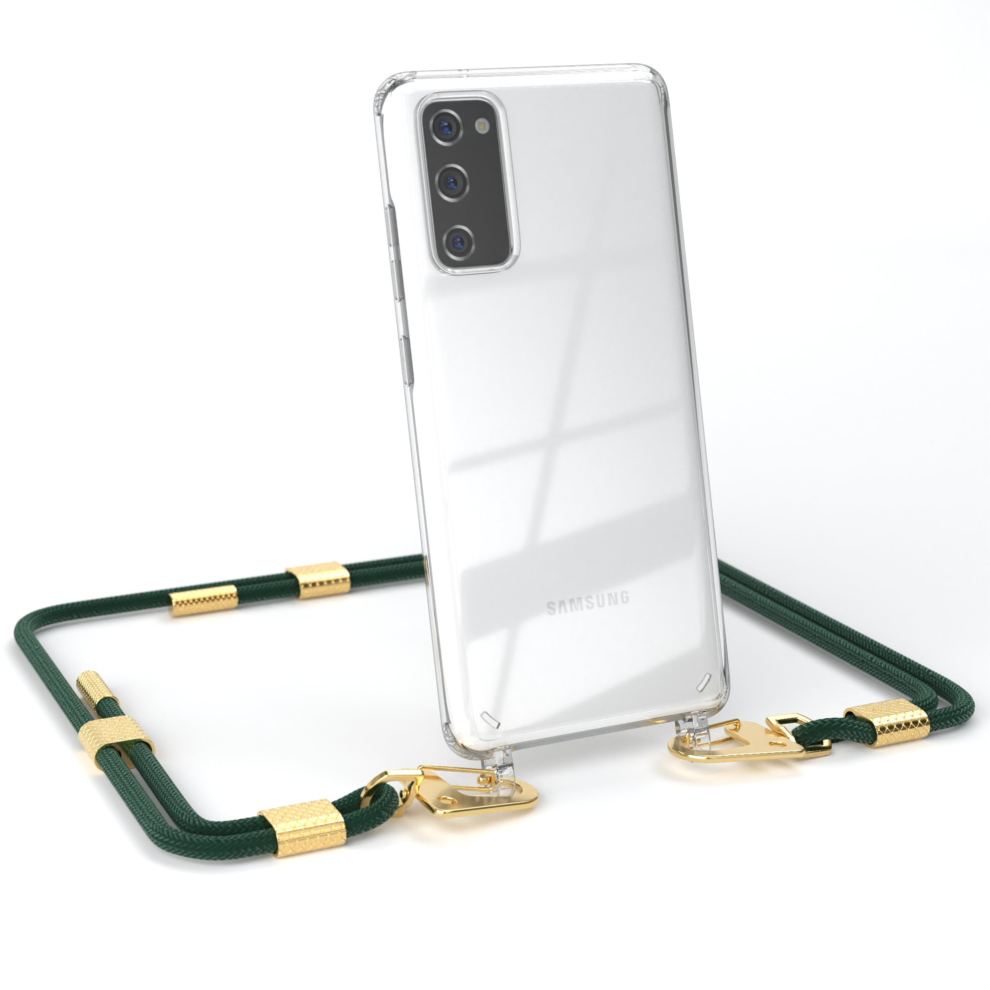 Transparente Handyhülle mit grünem Seil. Das Telefon hat drei Kameras. Weißer Hintergrund.