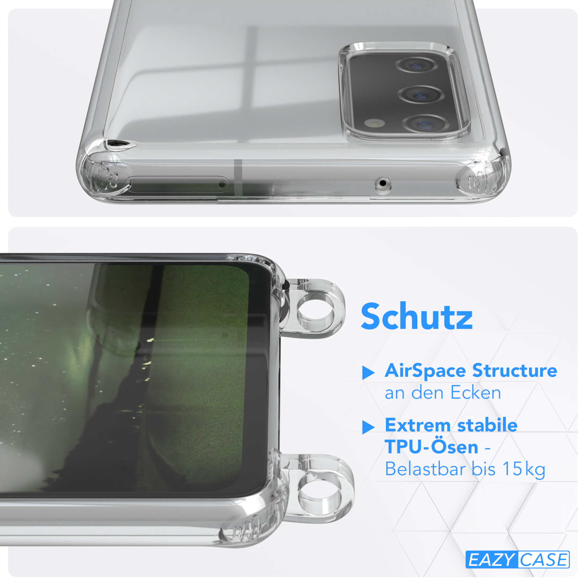 Handyhülle mit Schutzdetails. AirSpace Structure an Ecken. TPU-Ösen bis 15 kg getestet.