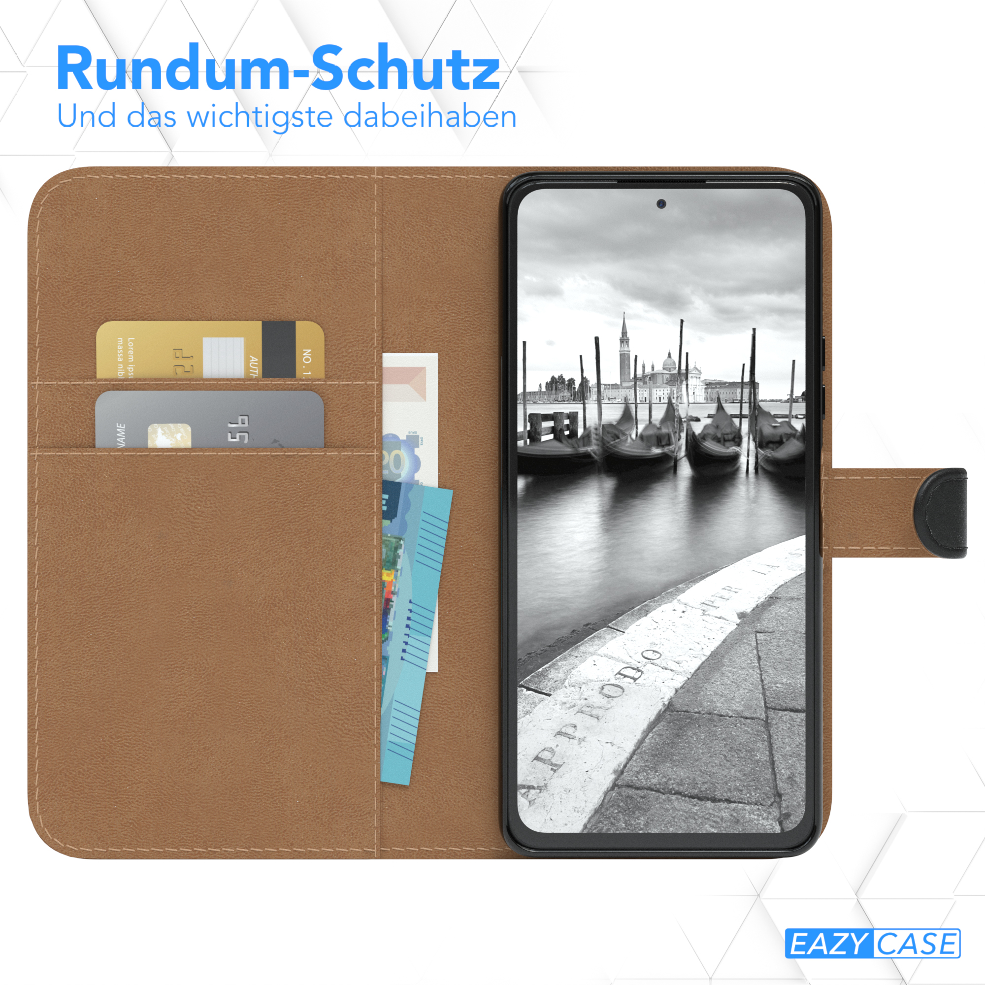 Telefon in einer braunen Brieftaschen-Hülle, die eine Szene vom Kanal von Venedig zeigt, mit Karten und Geld in den Fächern.