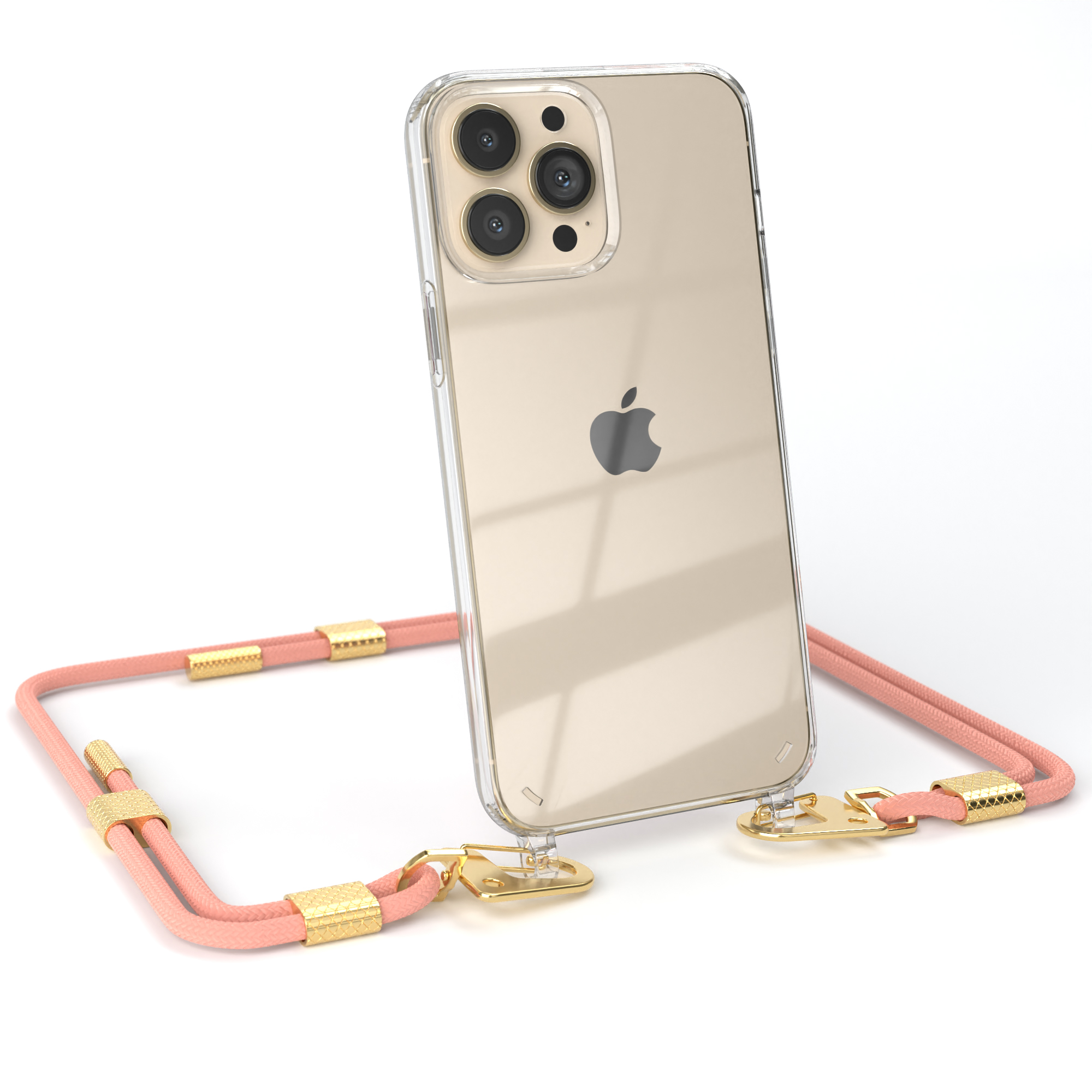 Telefon in klarer Hülle mit pinkfarbenem Kabel. Goldene Verschlüsse. Apple-Logo auf der Rückseite.