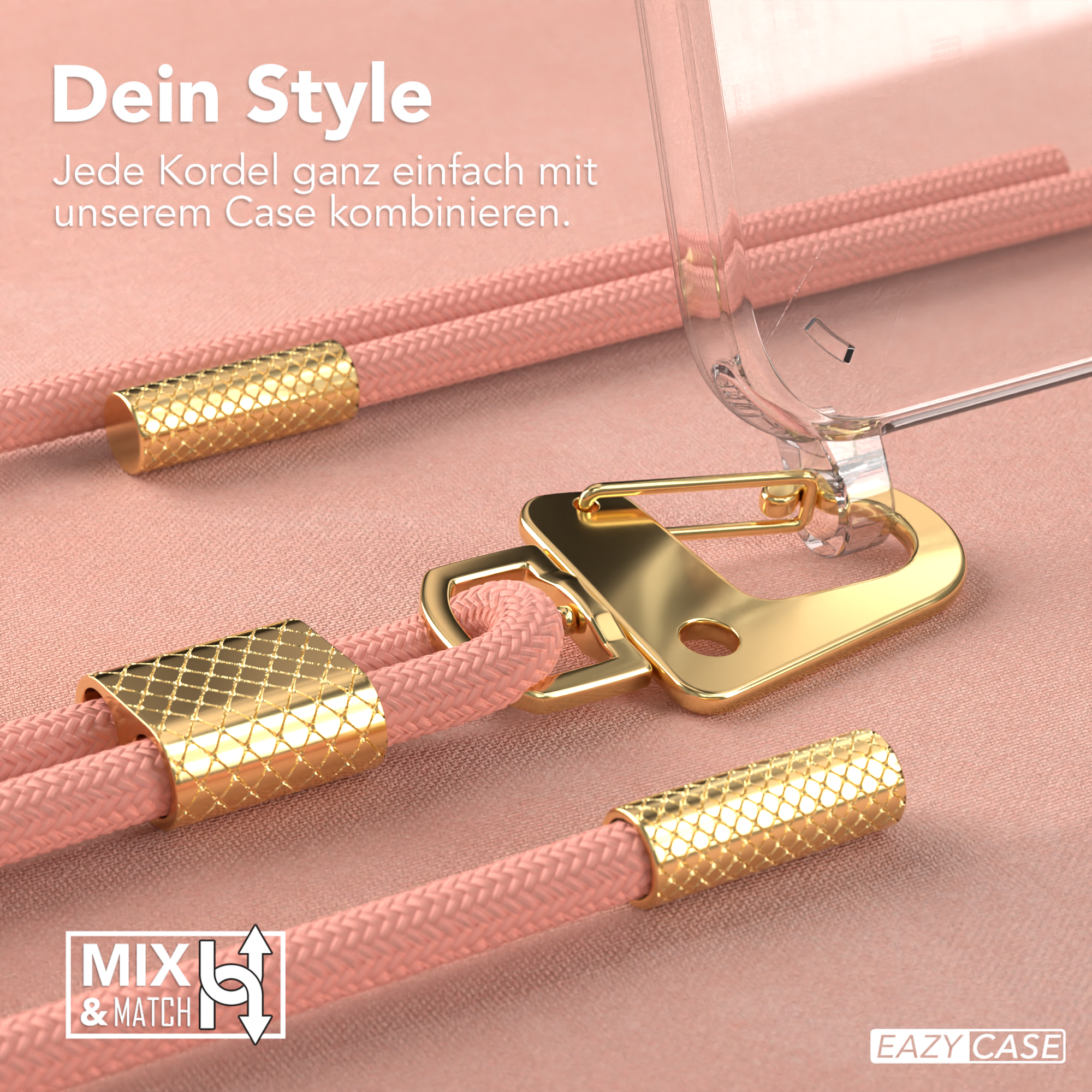 Nahaufnahme einer Handyhülle und rosa Seil. Goldene Verbinder und Text 'MIX & MATCH' mit EAZY CASE Logo.