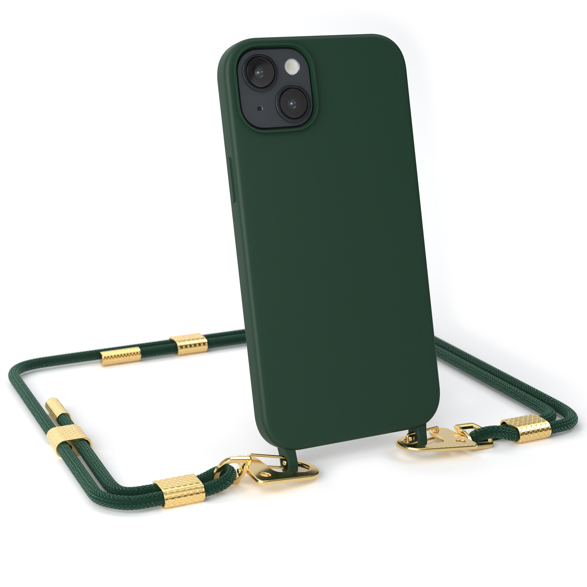 Grüne Handyhülle mit passendem Seil. Die Hülle hat eine Kamera und goldene Hardware. Weißer Hintergrund.