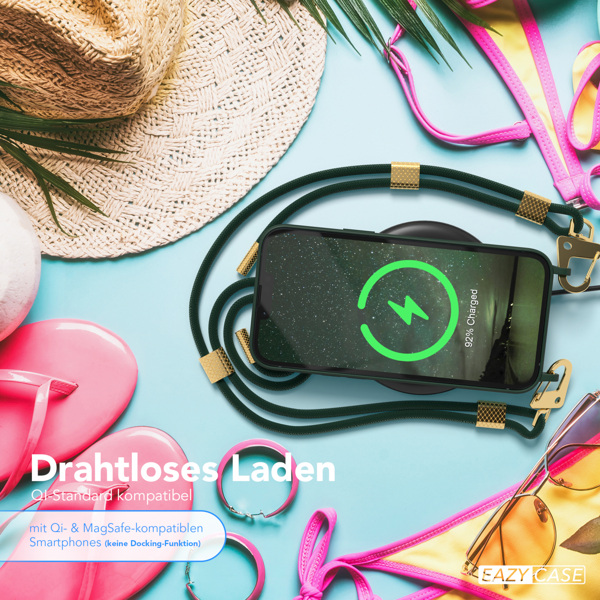 Telefon lädt drahtlos auf einer Matte, mit Zubehör. Text: 'Drahtloses Laden'.
