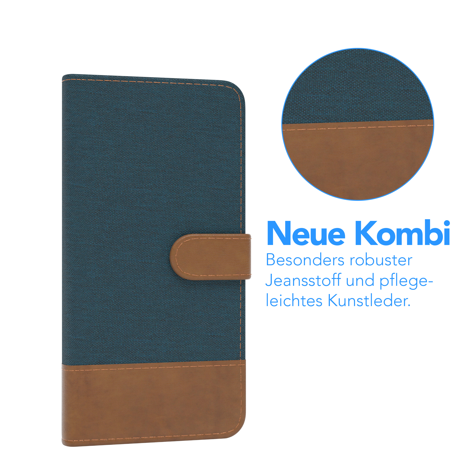 Eine blau-braune Handyhülle mit Knopf auf der Vorderseite, mit dem Wort Neue Kombi.