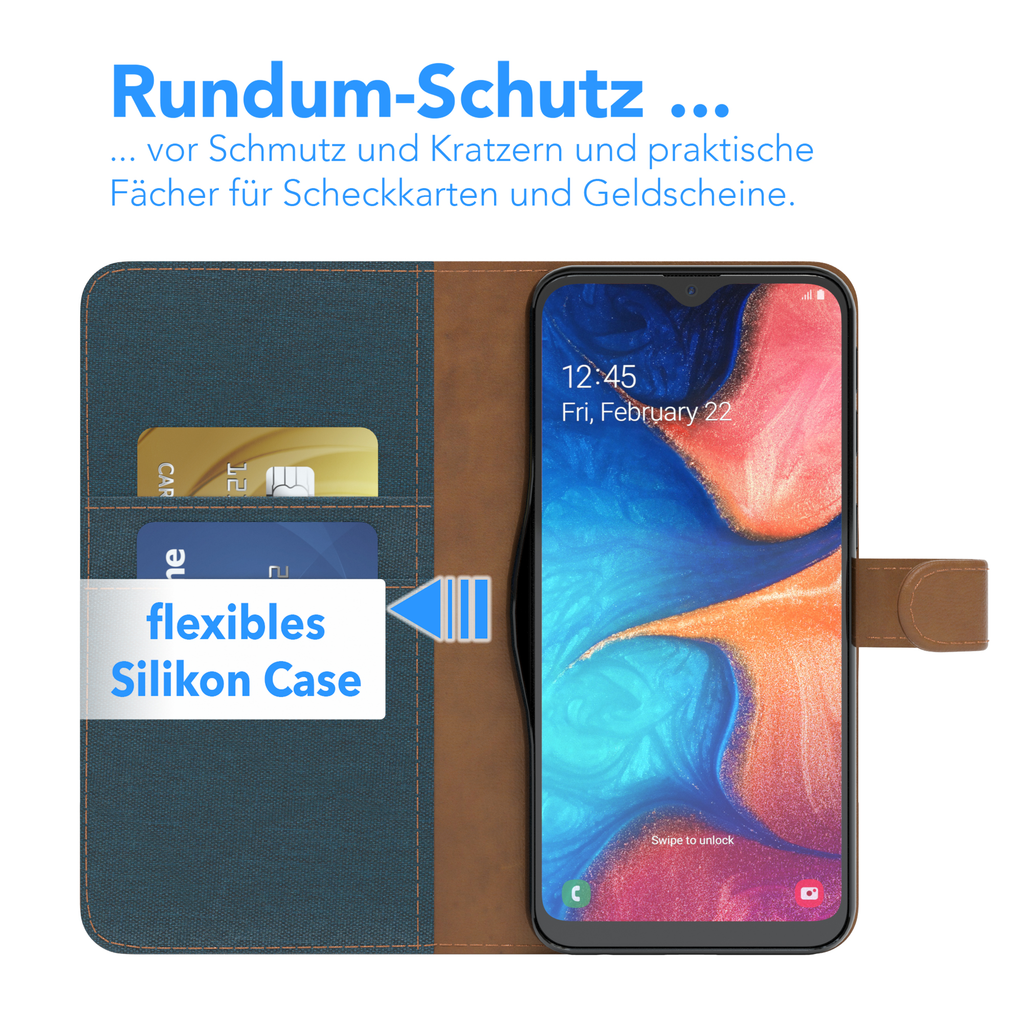 Bookcover, Bookstyle Galaxy A20e, mit Samsung, CASE Kartenfach, Jeans EAZY Blau Klapphülle