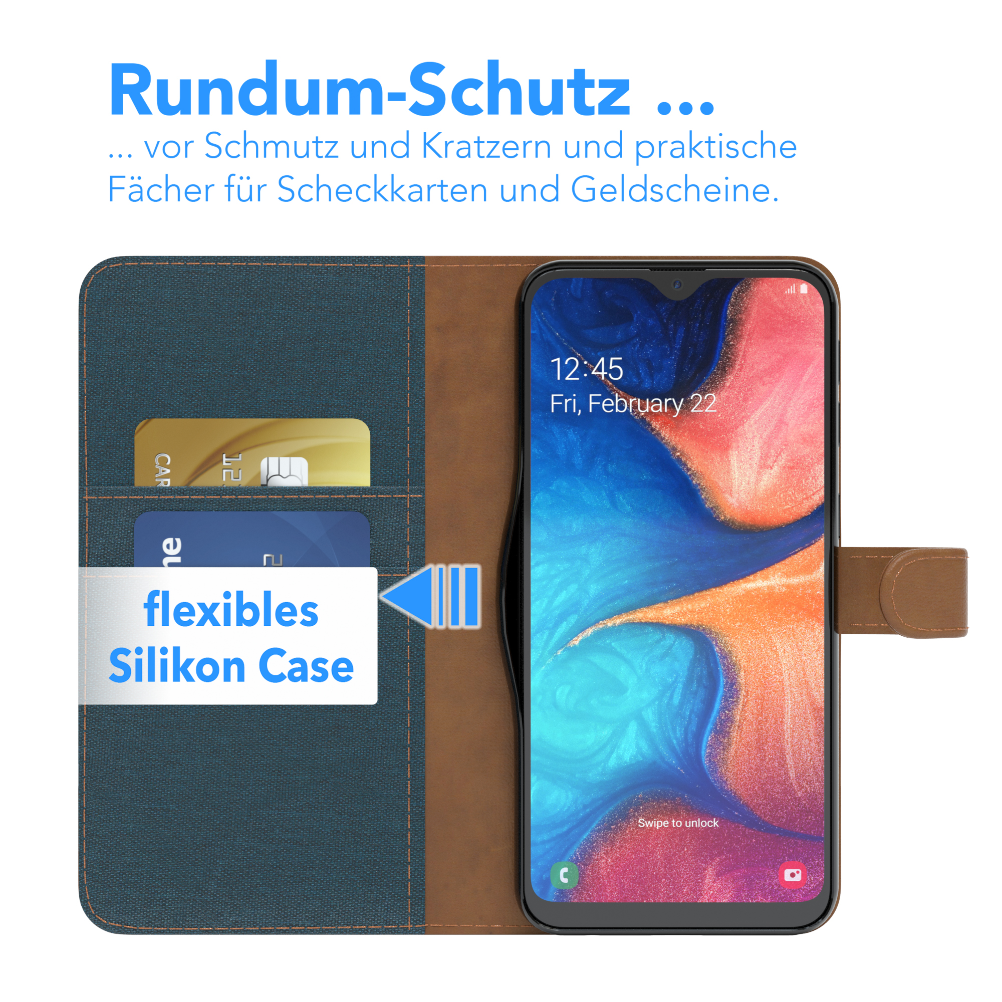 Ein Telefon mit Hülle mit Kreditkarte und Bargeld in den Fächern. Der Bildschirm zeigt Zeit.