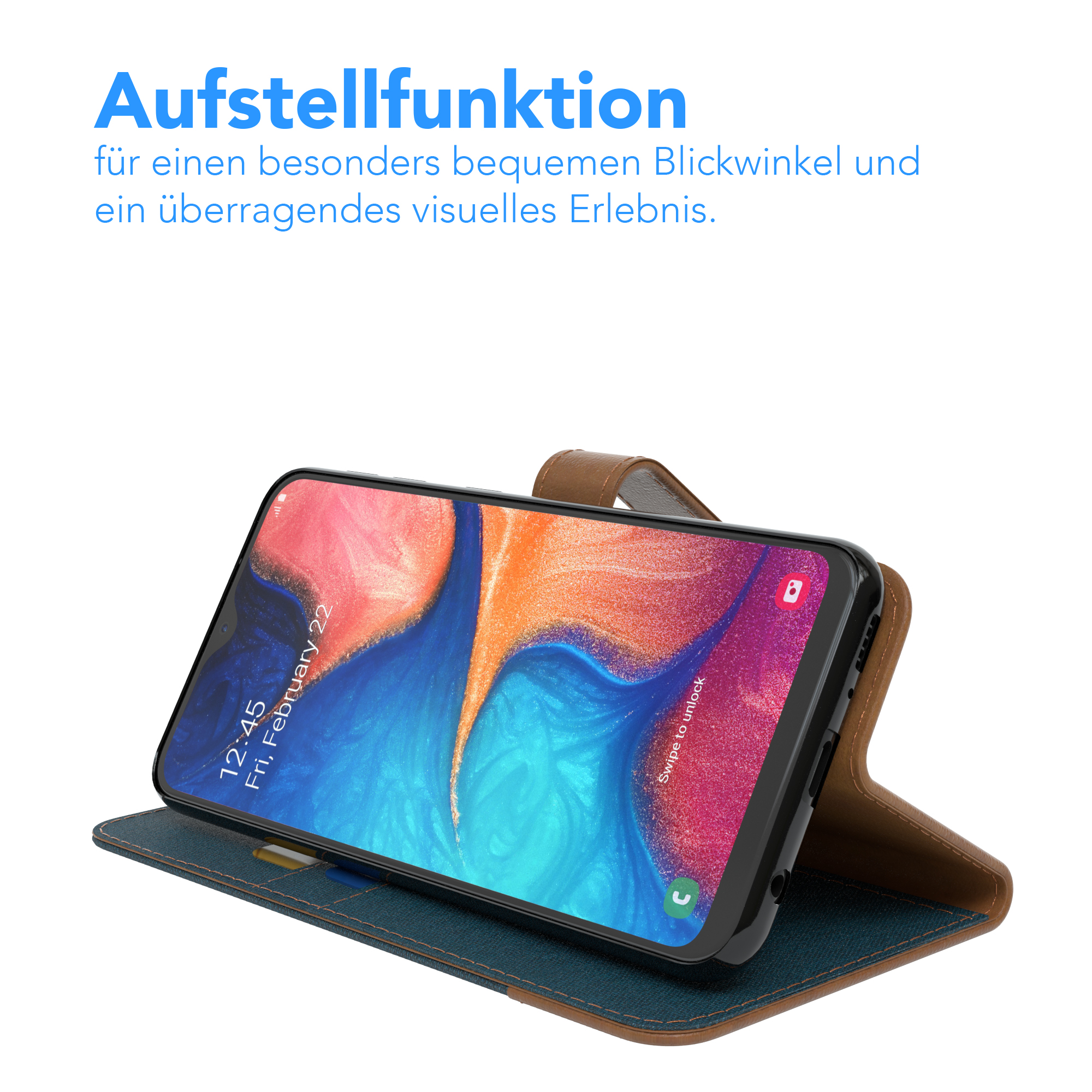 Telefon in einem Gehäuse, aufgestellt, mit Bildschirm. Braunes und blaues Gehäuse.