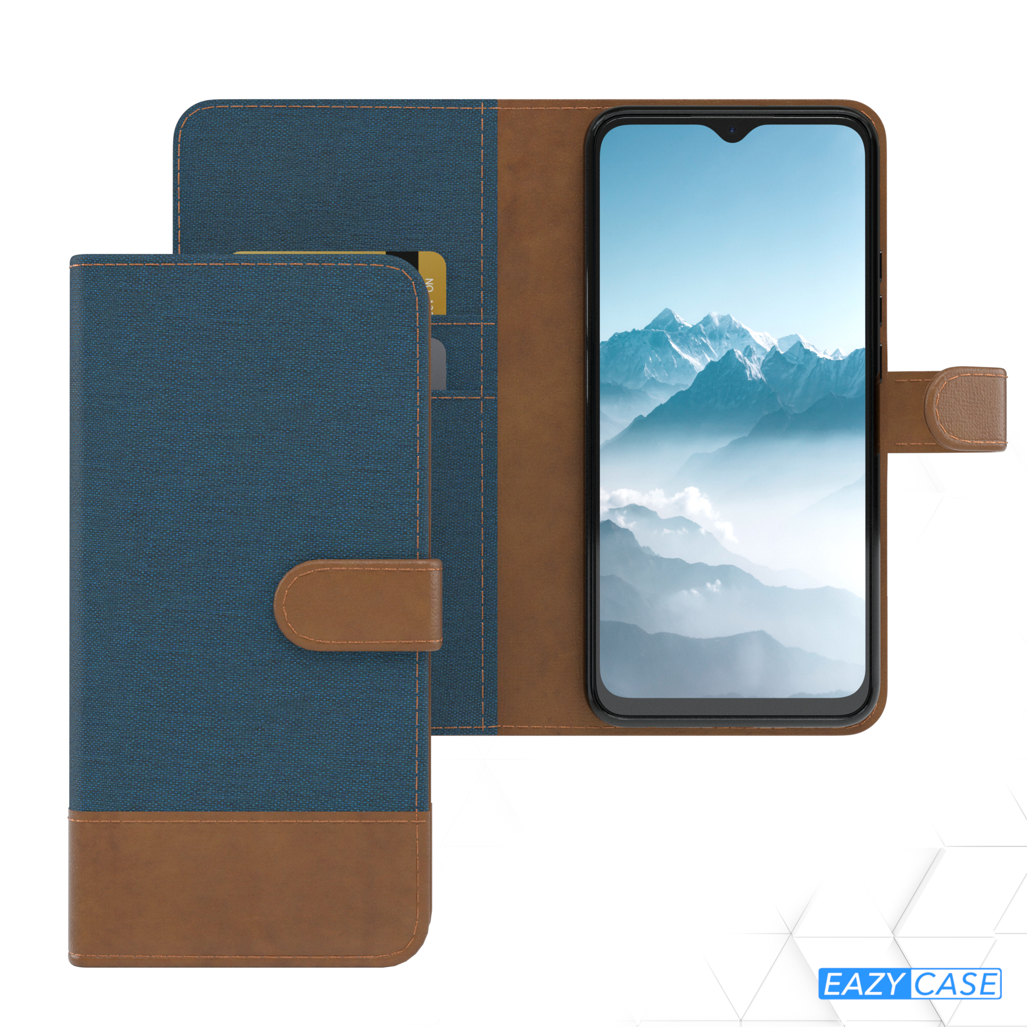 Ein Telefon und eine Hülle. Die Hülle ist blau und braun, mit Magnetverschluss.