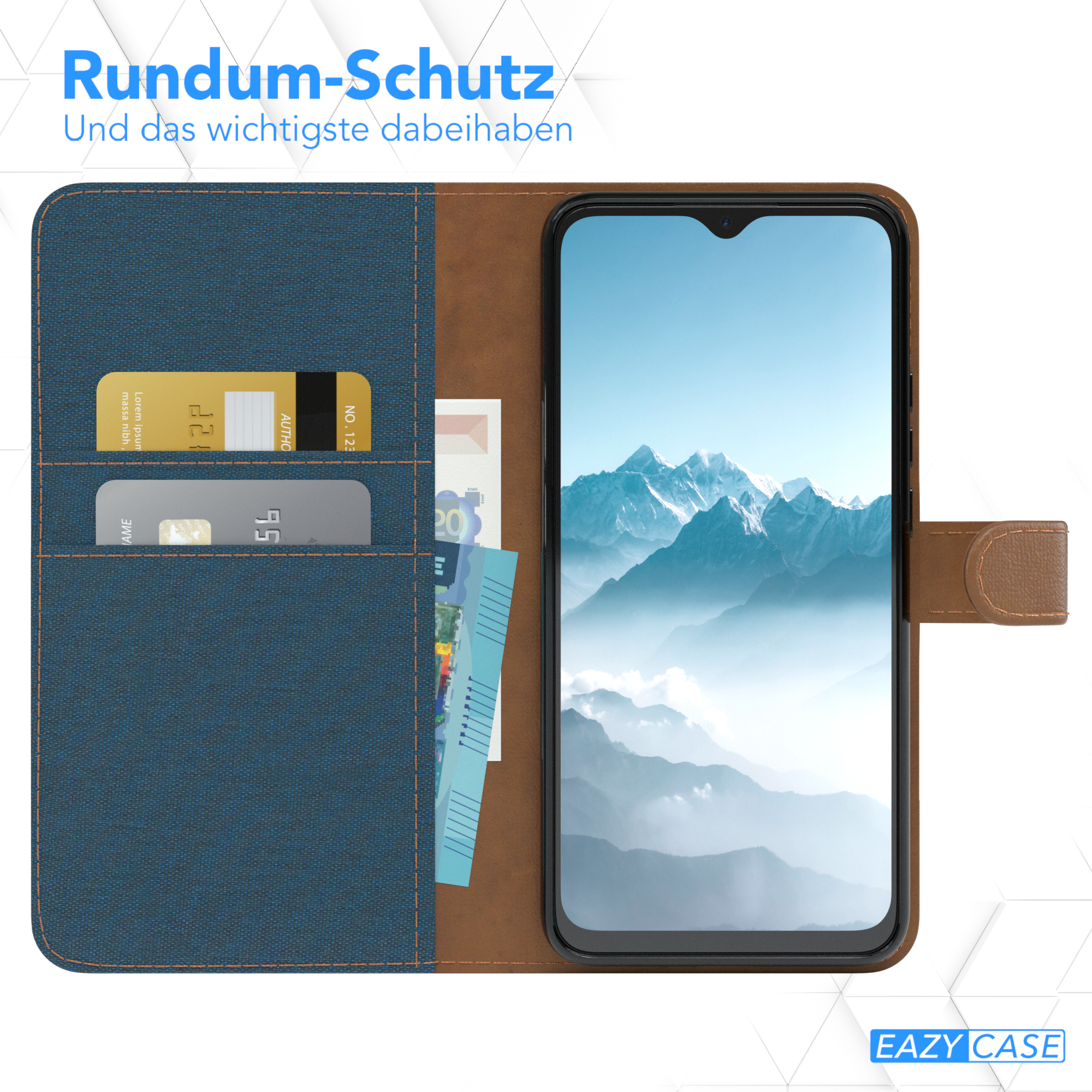 Geöffnete Handyhülle mit Karten und Bargeld. Telefonbildschirm sichtbar, blauer Hintergrund.