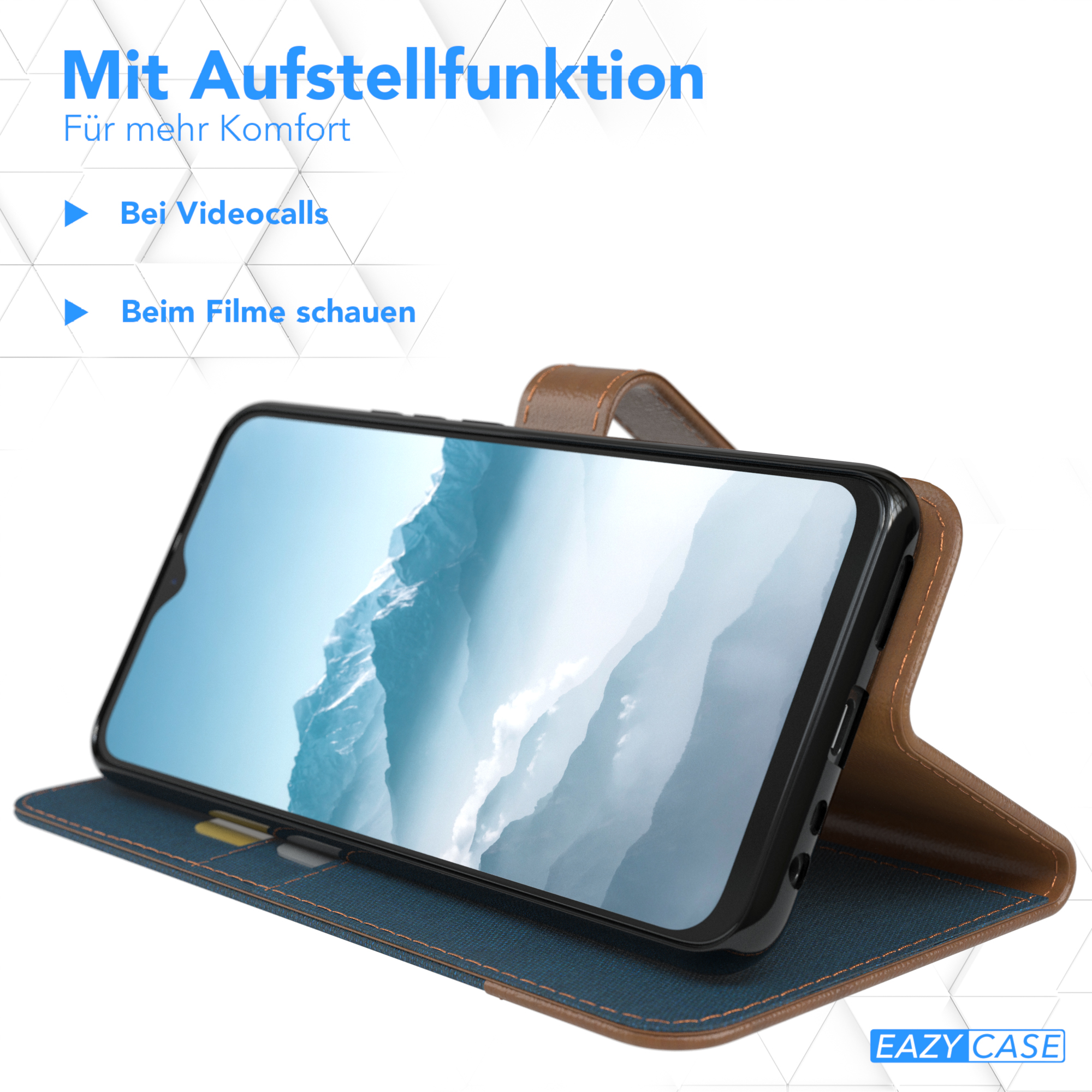 Telefon in einer Hülle, in einer offenen Brieftaschen-Hülle. Text: Mit Aufstellfunktion. Für Videoanrufe & Filme geeignet.