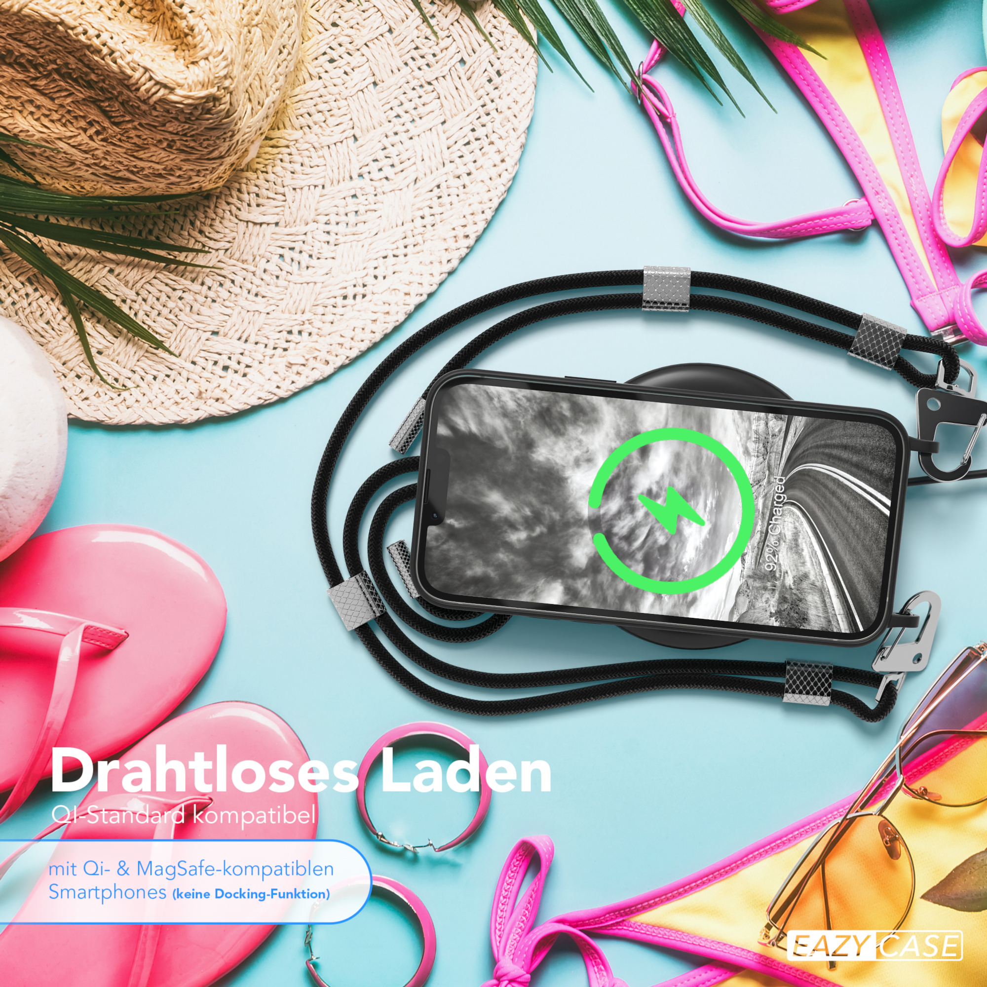 Telefon auf Ladegerät, Sonnenbrille und Strandszene. Text: Kabelloses Laden, Qi-Standard kompatibel.