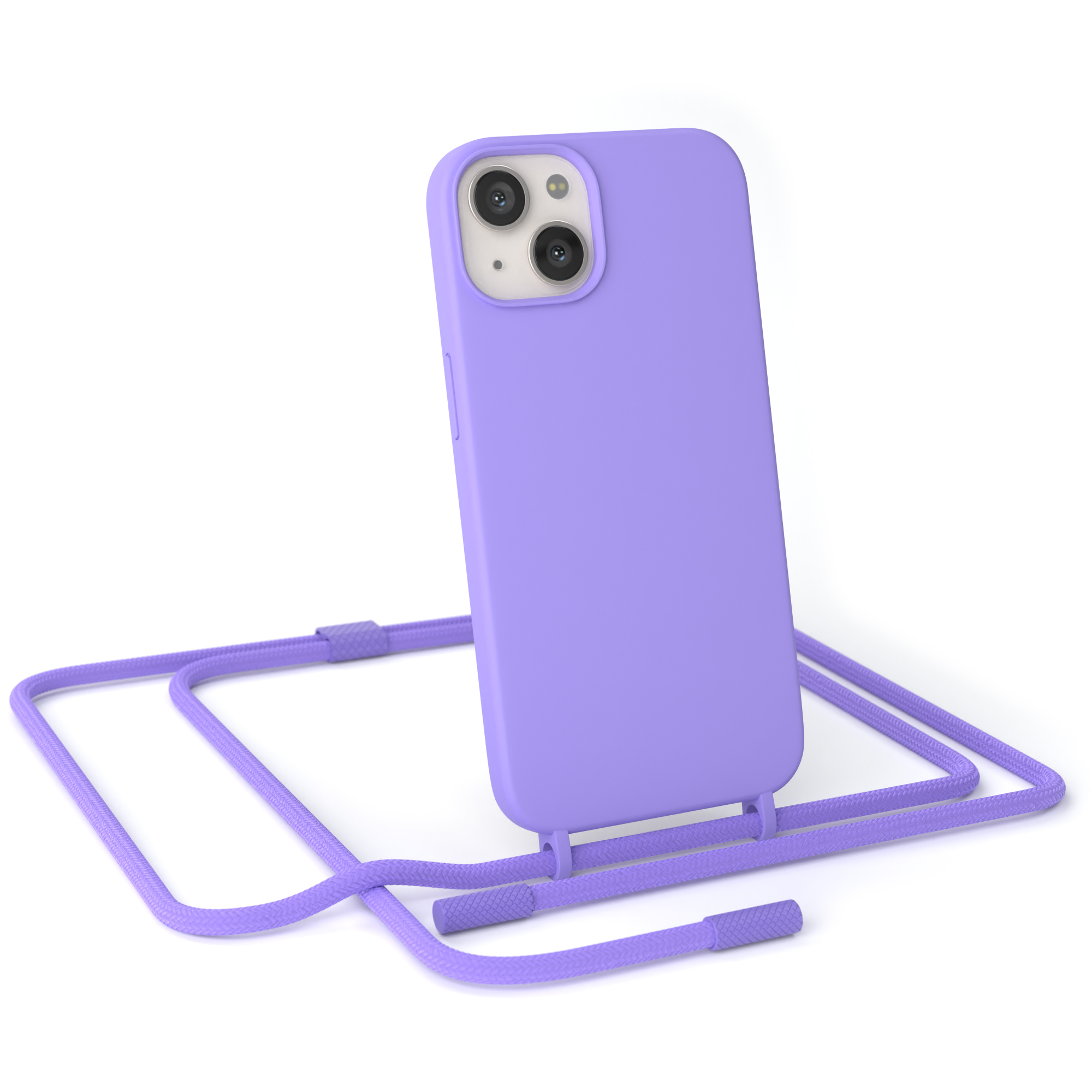 Ein Telefon in einer lilafarbenen Hülle mit einem lilafarbenen Umhängeband. Weißer Hintergrund.
