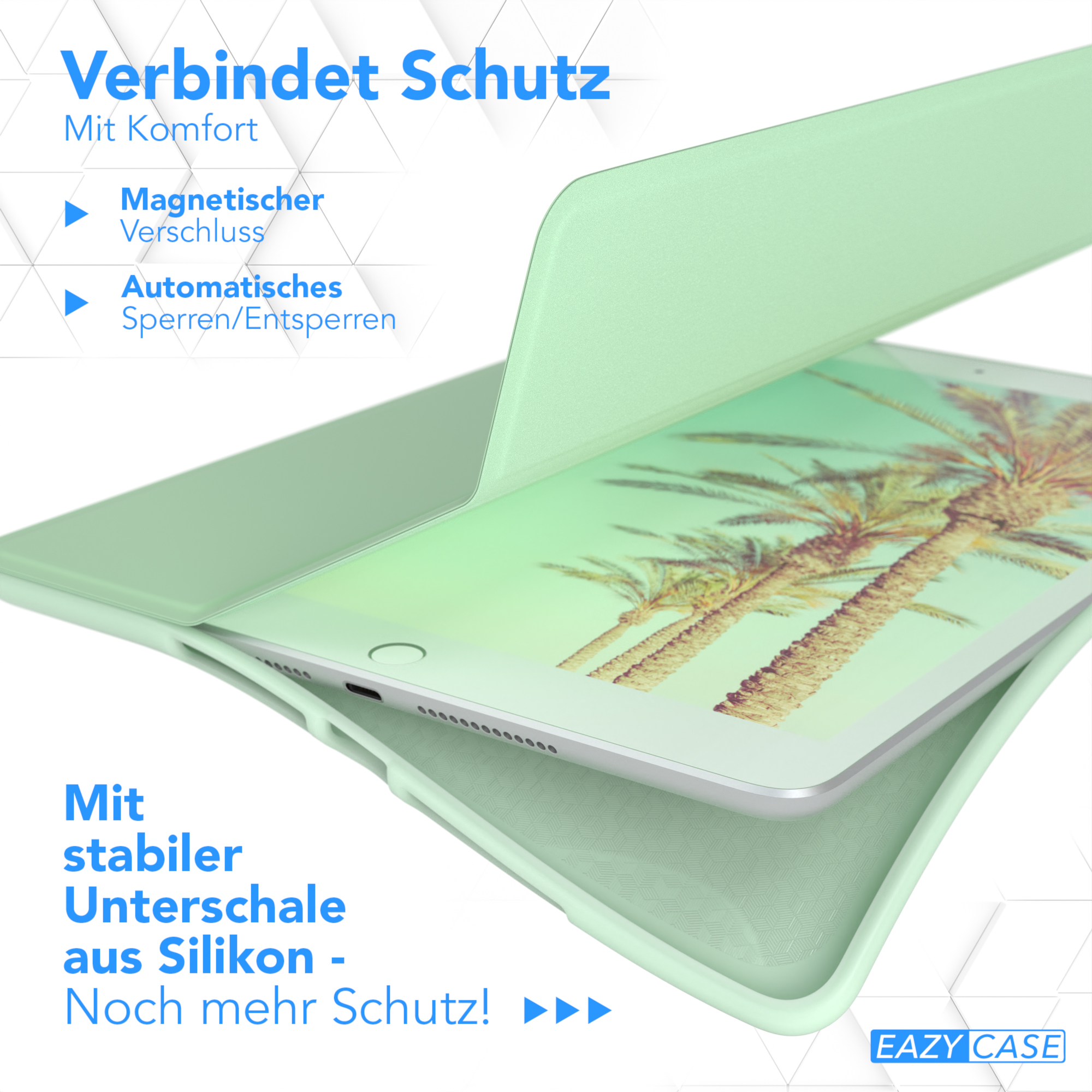 Eine Tablet-Hülle, geöffnet, mit dem Tablet im Inneren.