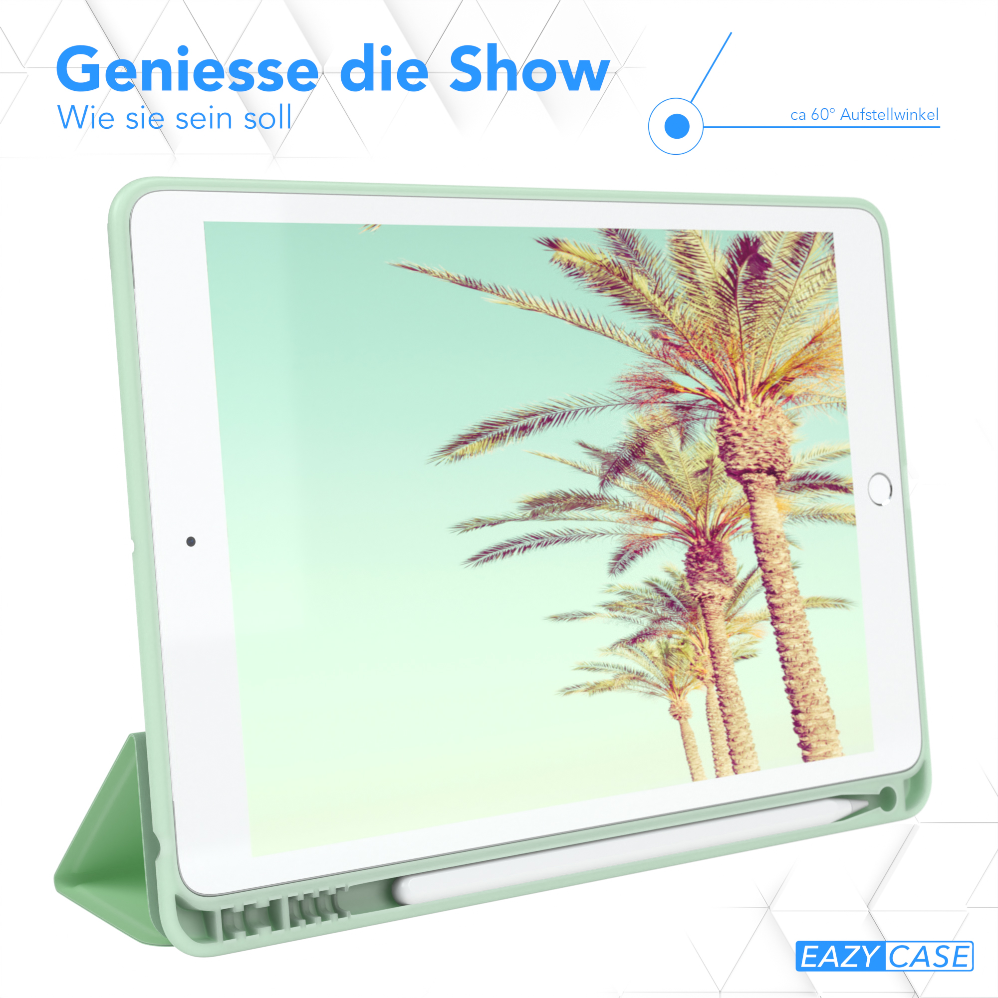 Ein Tablet ist aufgestellt. Der Bildschirm zeigt Palmen. Die Hülle ist grün.