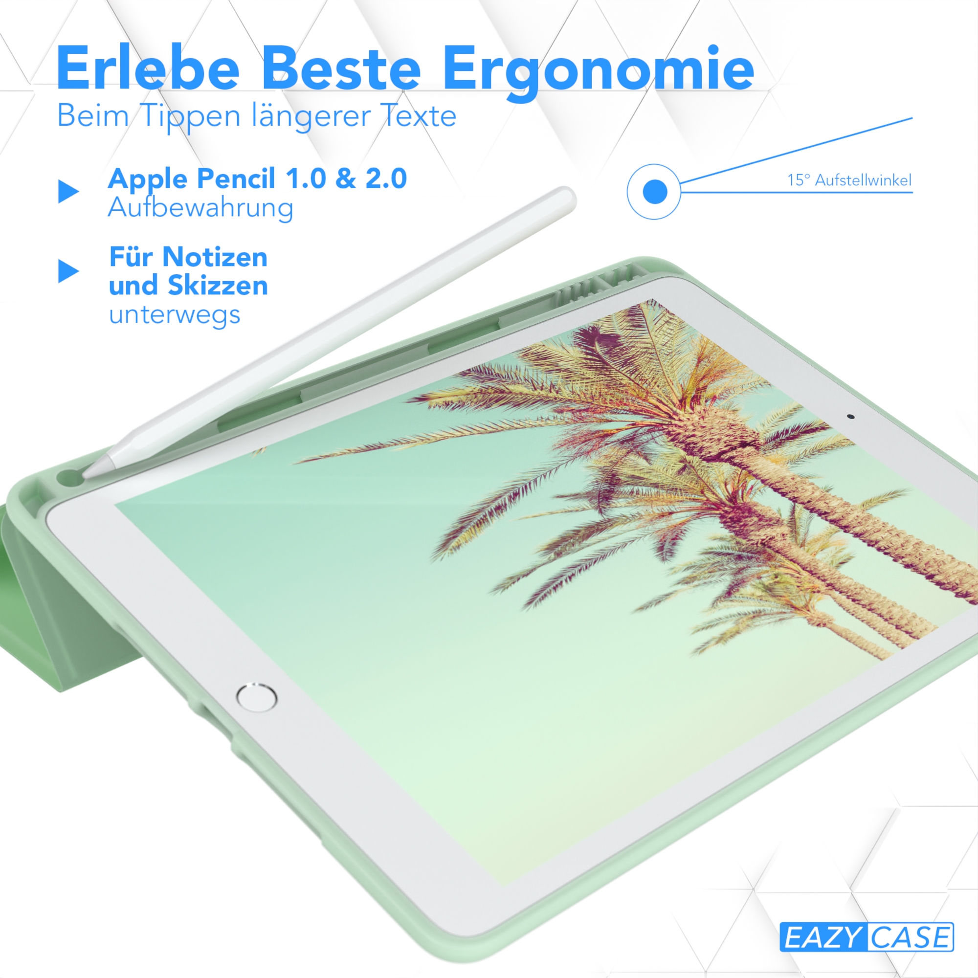 Grünes Tablet mit weißem Stift. Der Bildschirm zeigt eine Palmenszene. Es ist in einer Hülle.