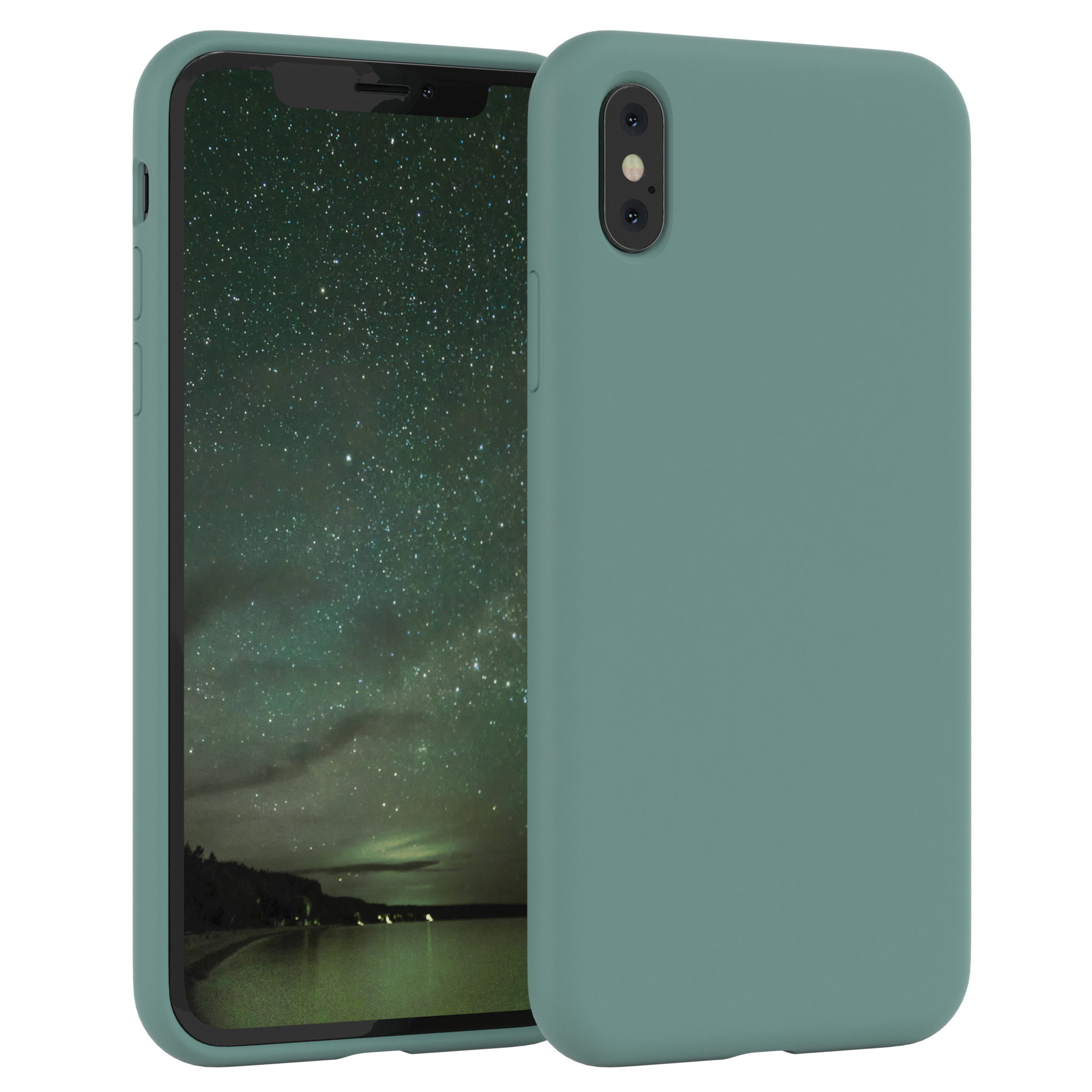 Grünes Telefon und Hülle. Das Telefon ist leicht zum Betrachter geneigt, die Kamera wird gezeigt.