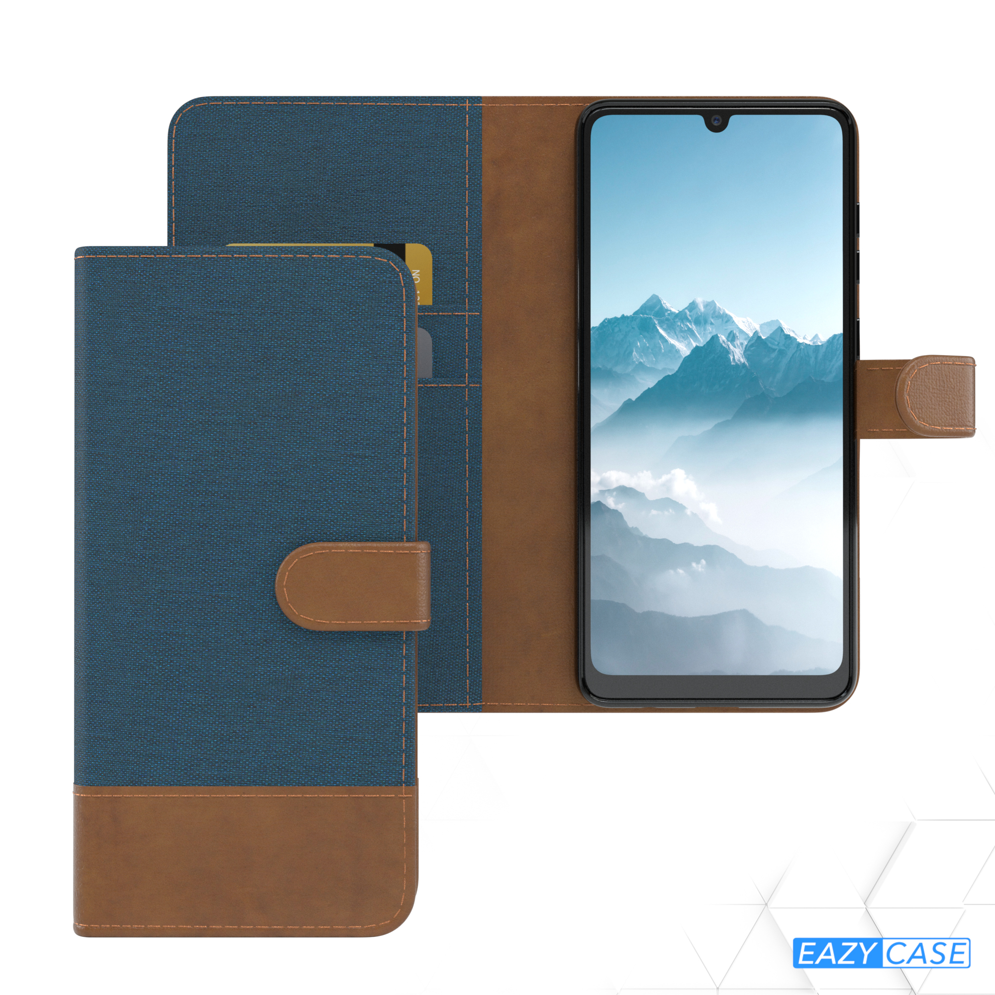 Blau-braune Handyhülle offen, zeigt ein Handy mit Landschaft. EAZY CASE Logo unten.