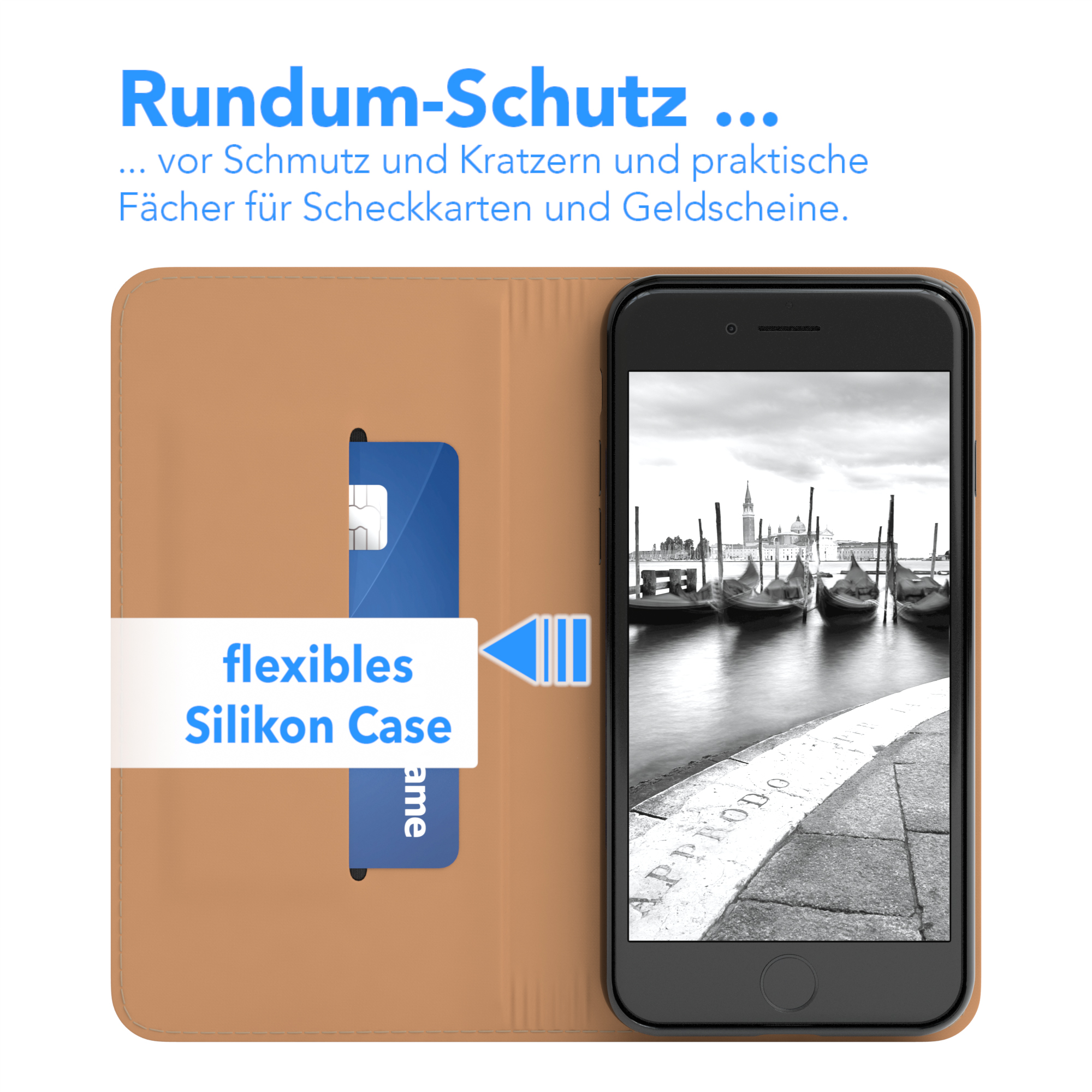 Braune Handyhülle mit Kreditkartenfach und ein Telefon mit einem Graustufenfoto von Venedig.