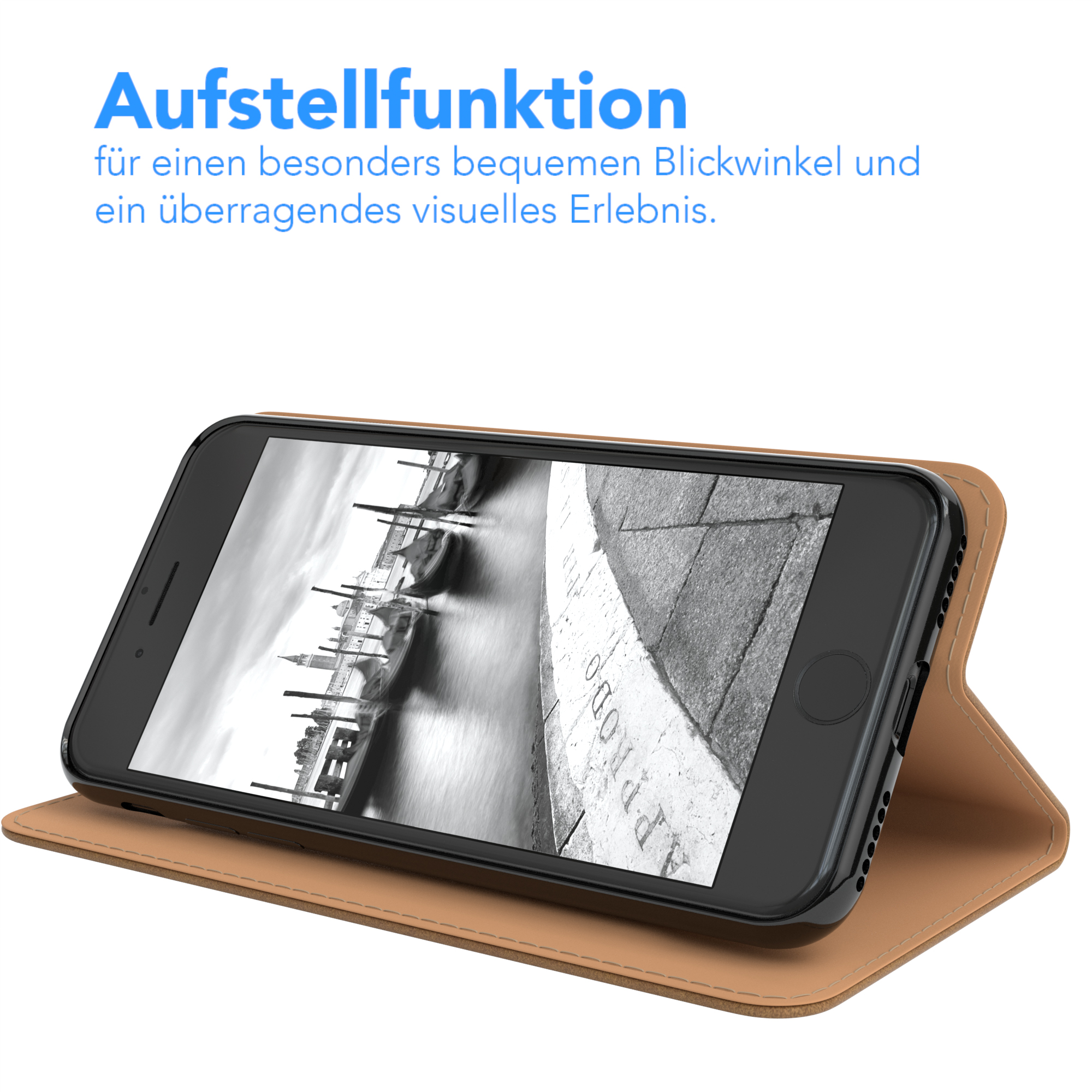 Telefon in geöffneter Hülle. Text: Aufstellfunktion, für einen bequemen Betrachtungswinkel.