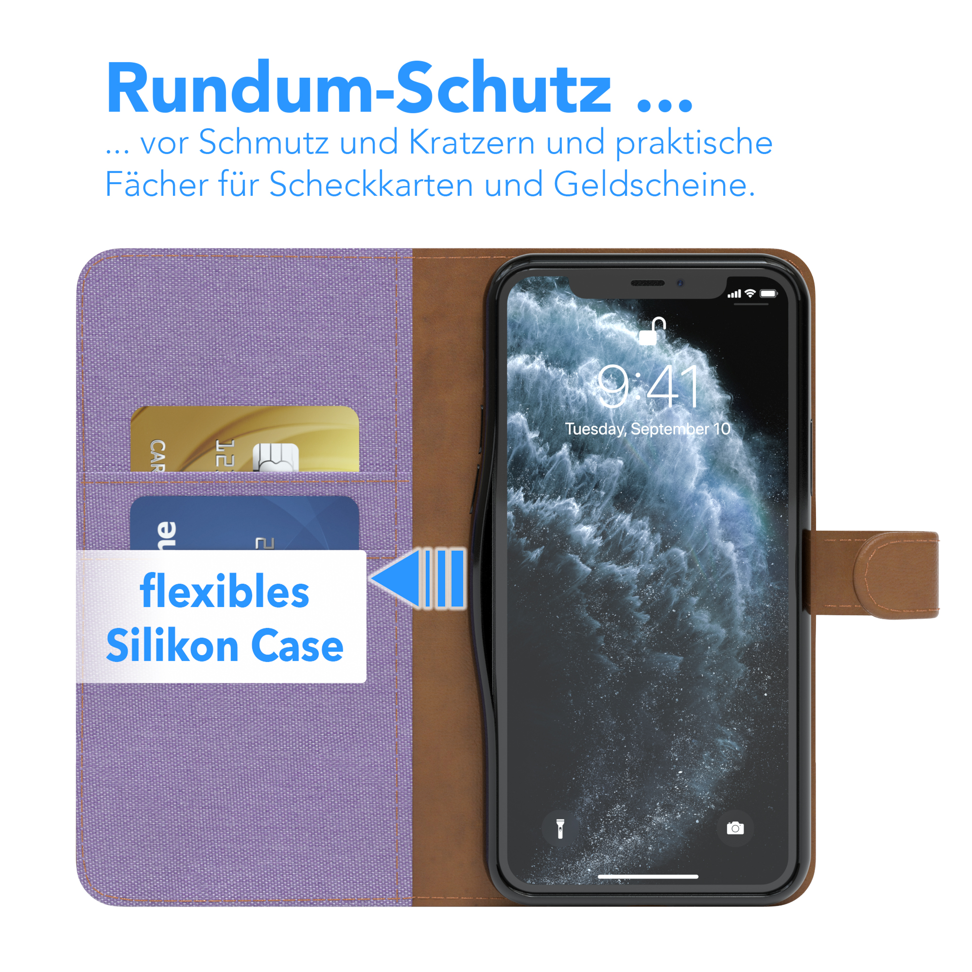 Handyhülle mit Karten und Telefon. Telefon zeigt Wassermuster mit Datum.