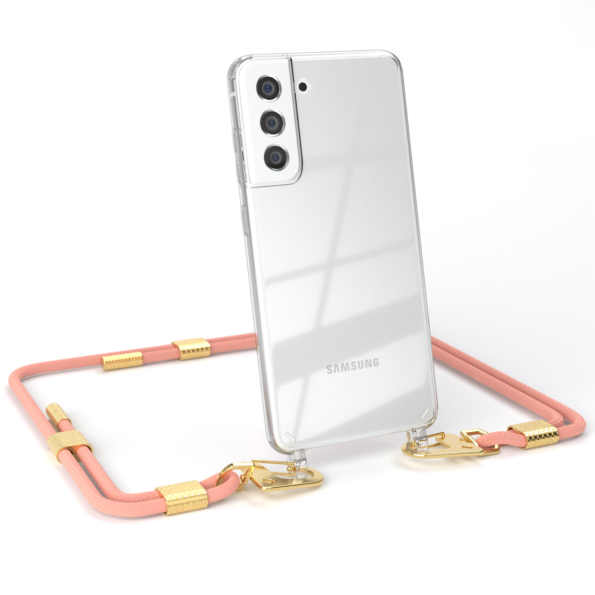 Transparente Handyhülle mit pinkfarbenem Umhängeband, am Samsung Telefon.