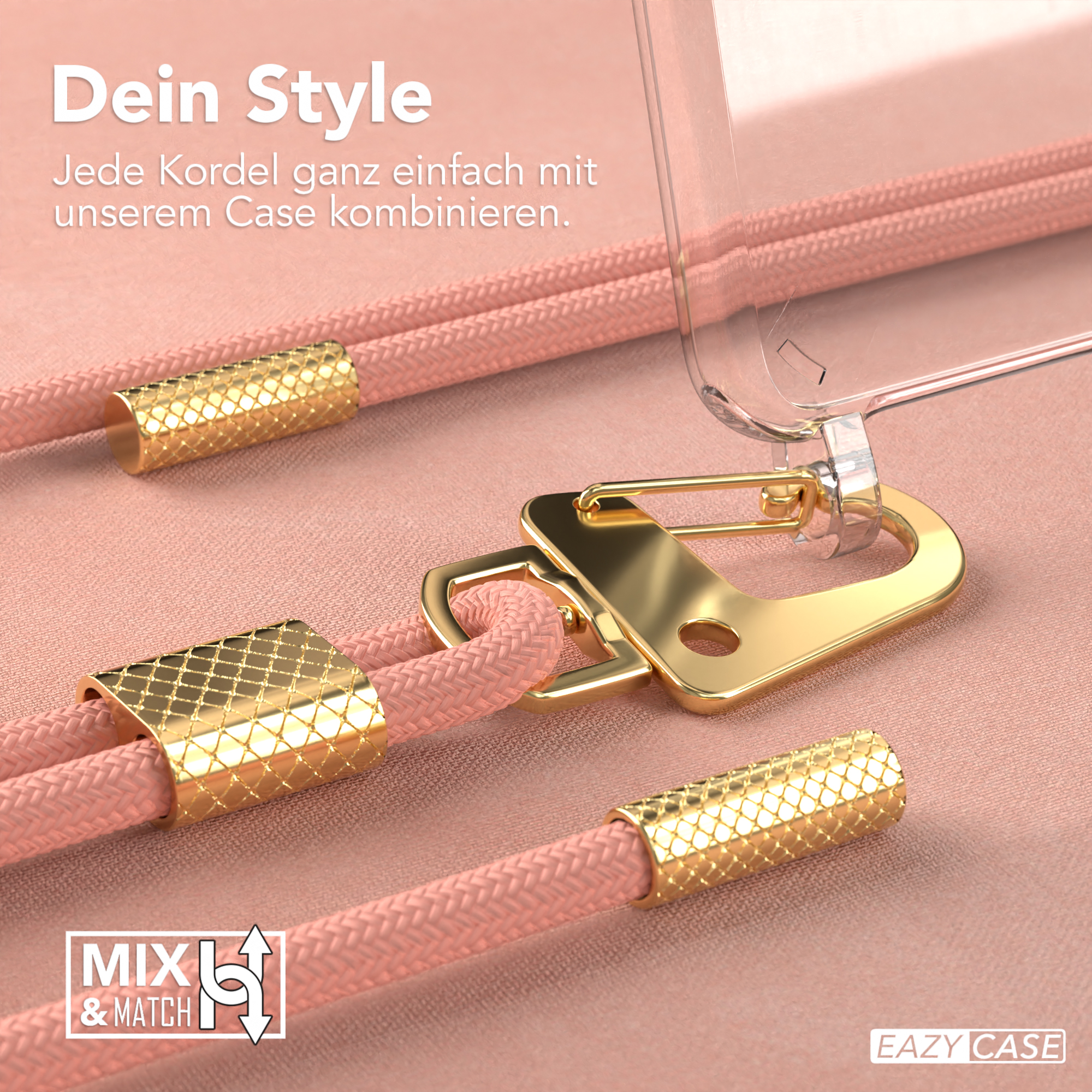 Handyband mit goldenen Akzenten und rosa Kordel. Text: Mix & Match.