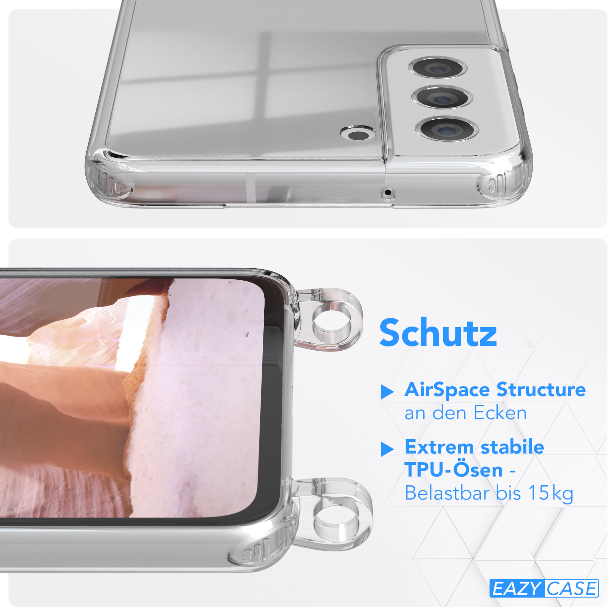 CASE Transparente runder / Altrosa + S21 Samsung, Galaxy 5G, EAZY Umhängetasche, Kordel FE Handyhülle mit Karabiner, Gold