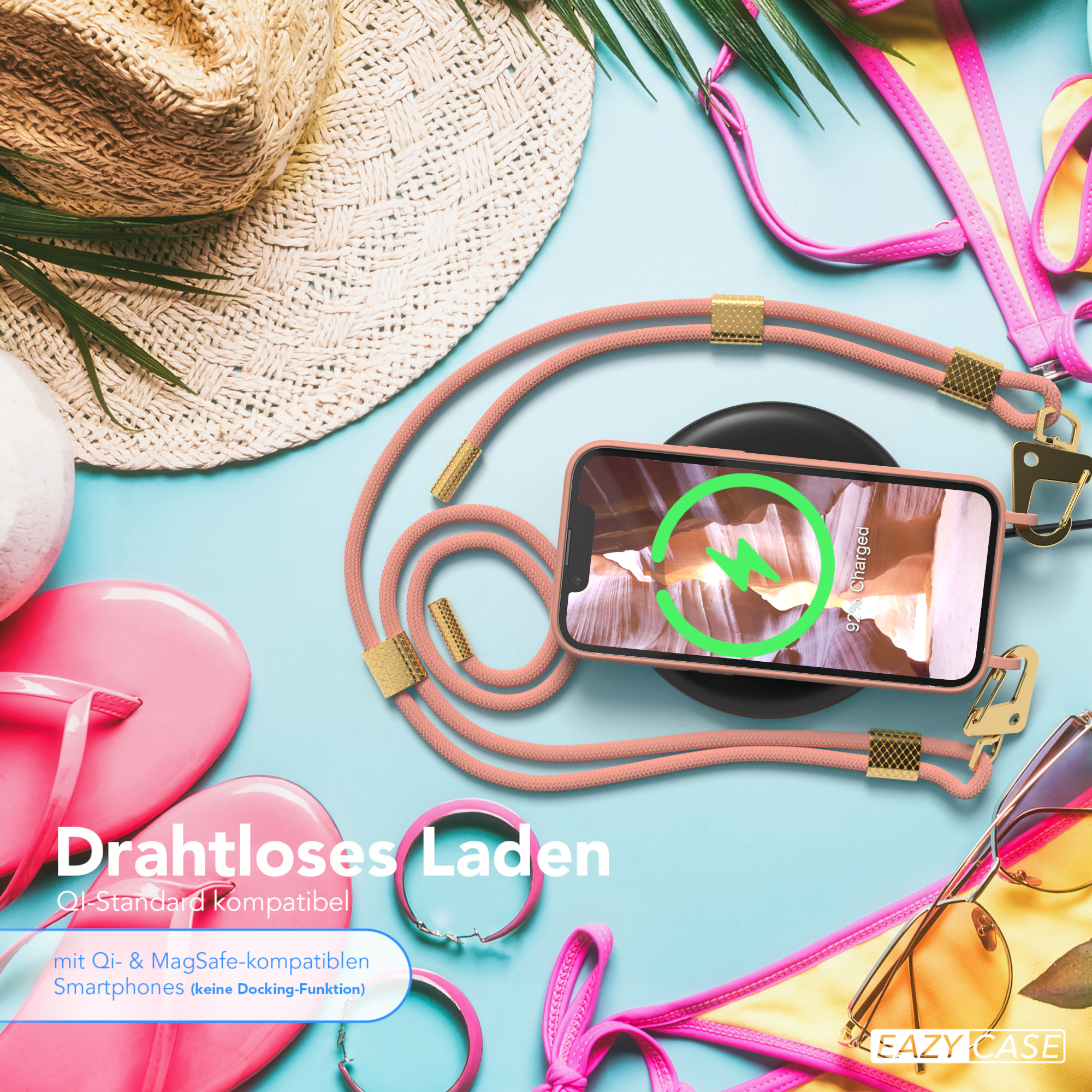 Telefon lädt, Sonnenhut, Sonnenbrille und Strandzubehör. Text: Kabelloses Laden.