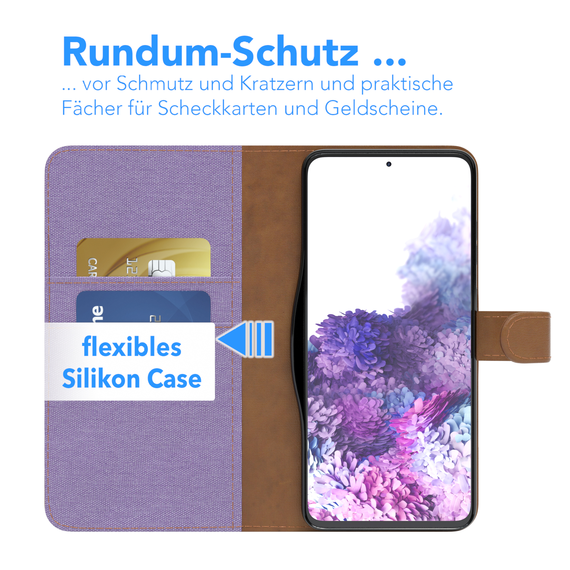 Handyhülle offen, Karten und Telefon sichtbar. Text: Rundum-Schutz. Flexibles Silikon Case. Eazy Case Logo.