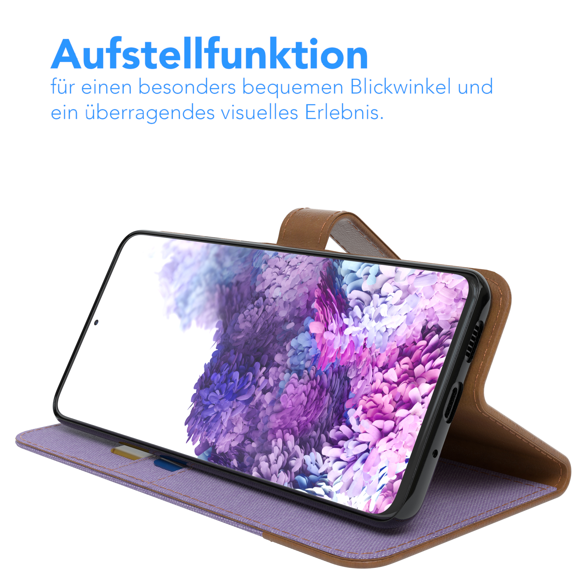 Telefon im Etui, geöffnet, um den Bildschirm mit lila Hintergrund anzuzeigen.