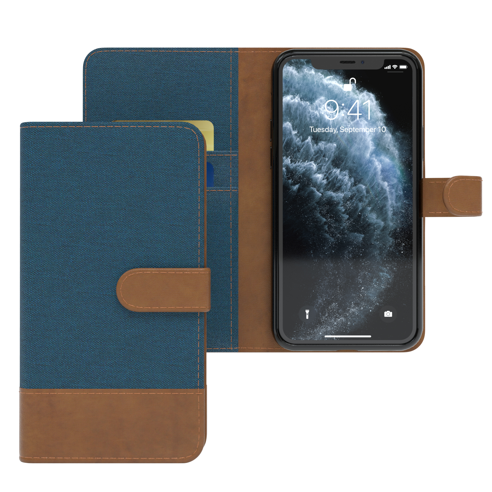 Blau-braune Handyhülle mit Smartphone. Der Bildschirm zeigt ein blau-weißes Bild.