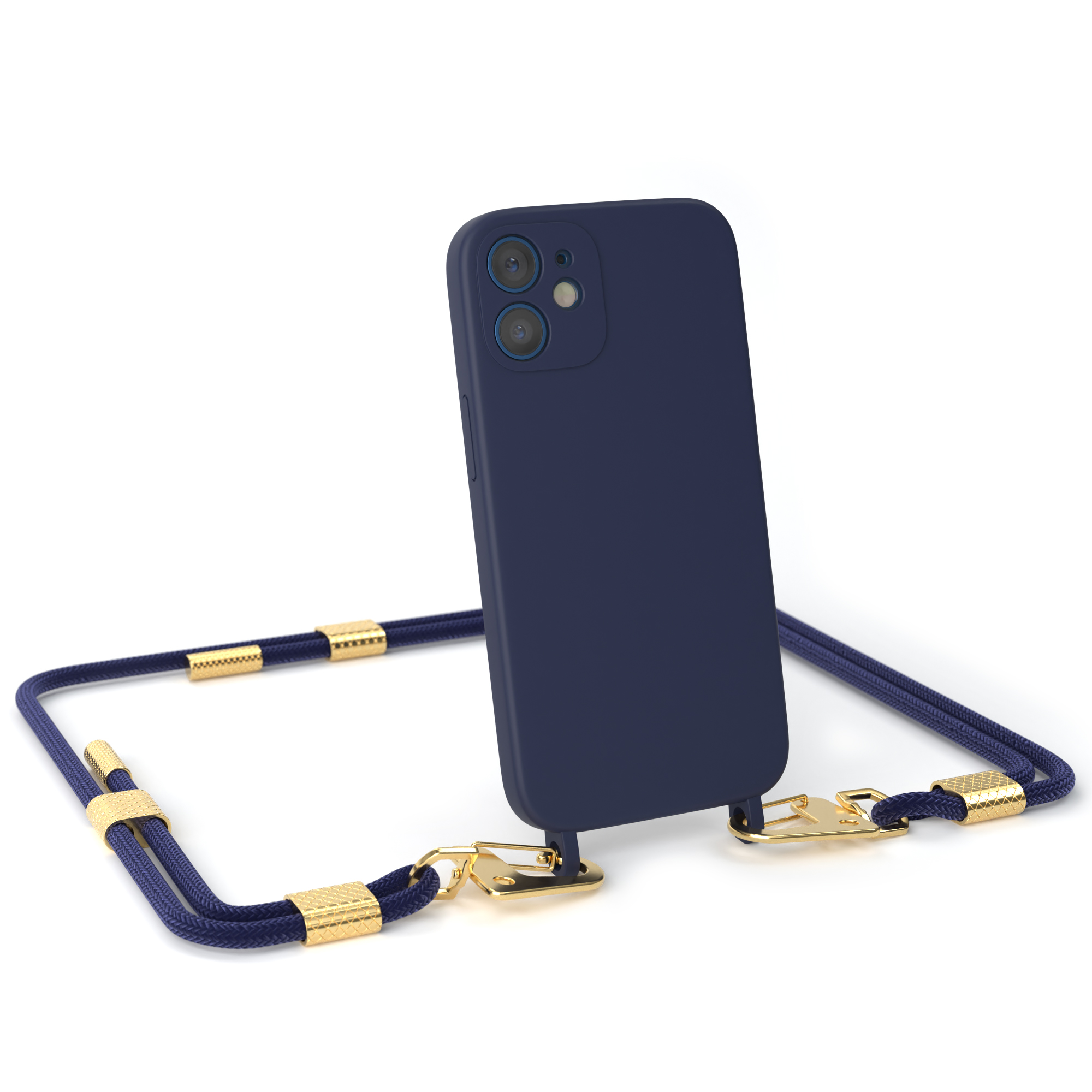 Telefon mit marineblauer Hülle und marineblauem Riemen mit goldfarbenen Details.