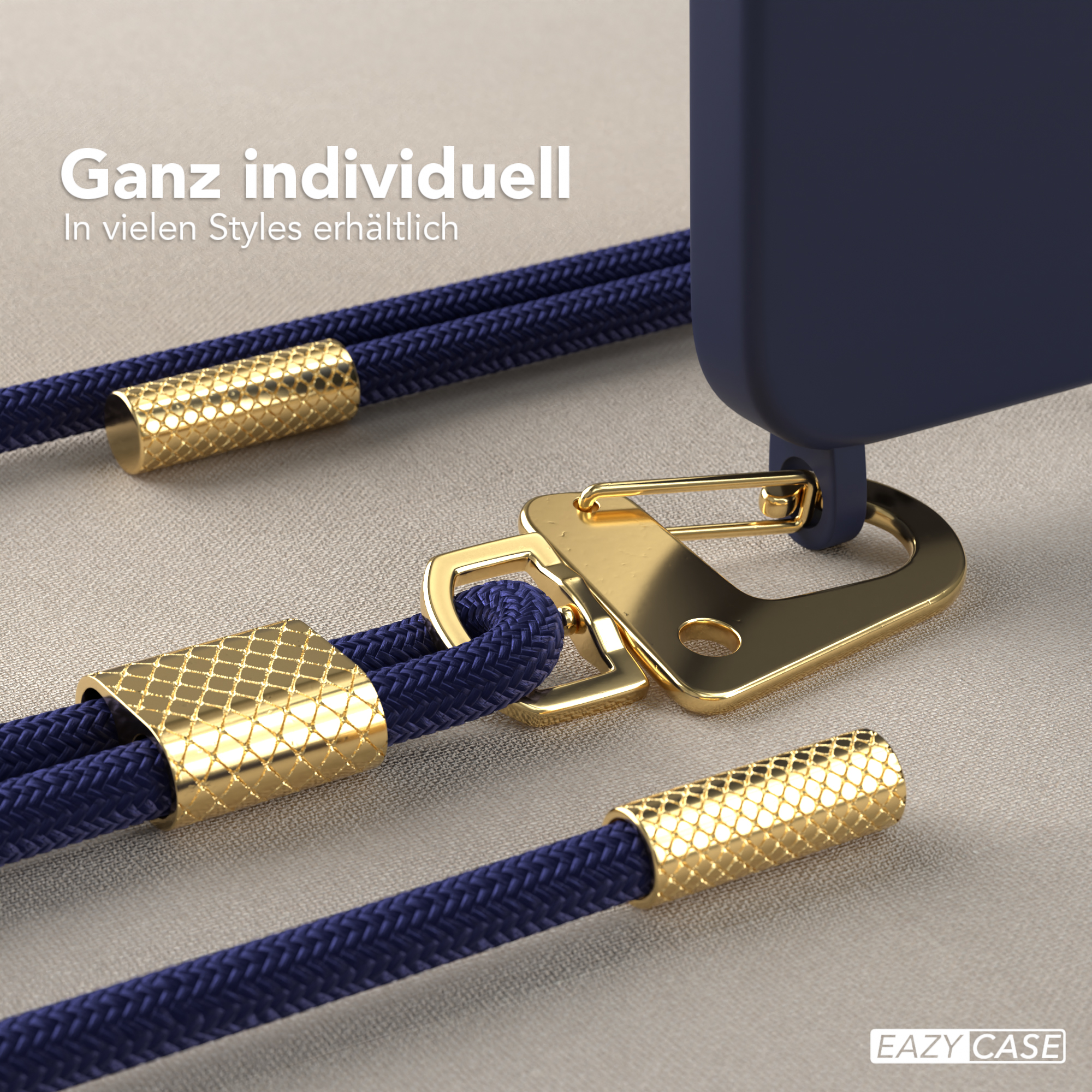 Nahaufnahme einer blauen Handyhülle mit goldenen Akzenten an einem blauen Seil und einem goldenen Verschluss.