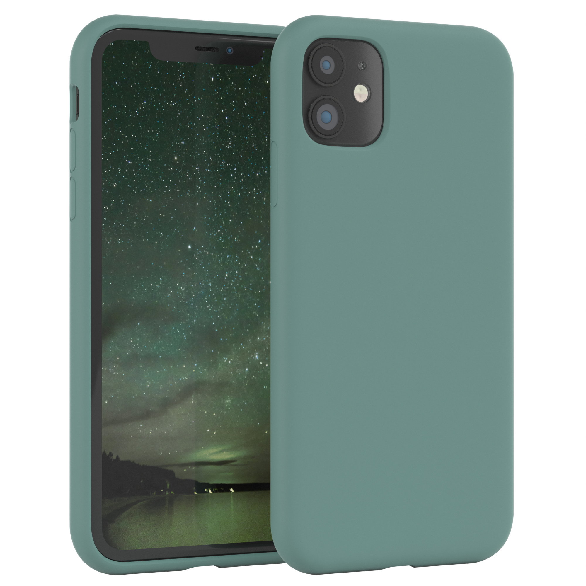 Türkisfarbene Handyhülle mit Telefon darin. Dunkelgrüne Landschaft auf dem Telefonbildschirm.