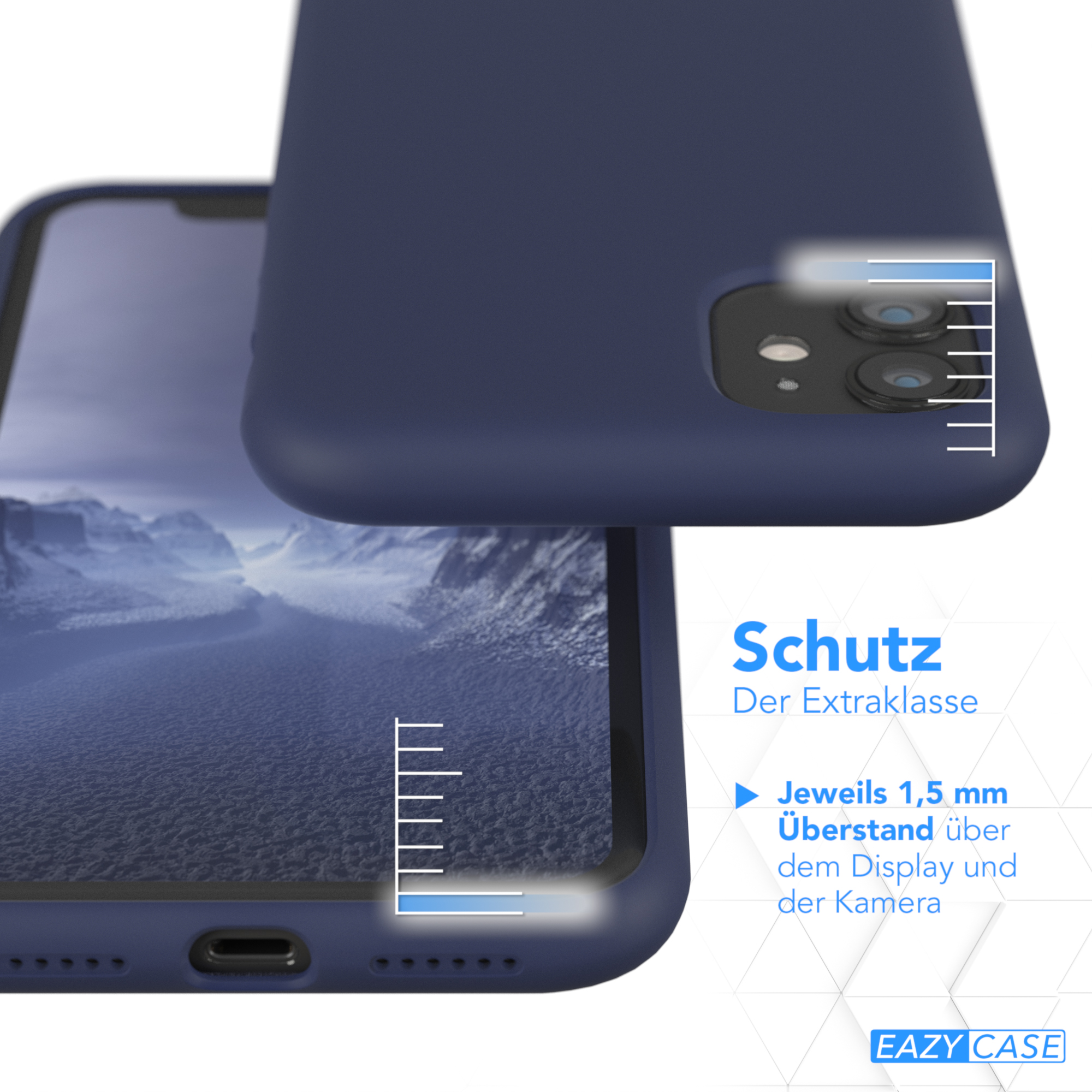 Dunkelblaue Handyhülle mit Details. Text: Schutz, 1,5 mm Abstand zum Display und Kamera. Eazy Case Logo.