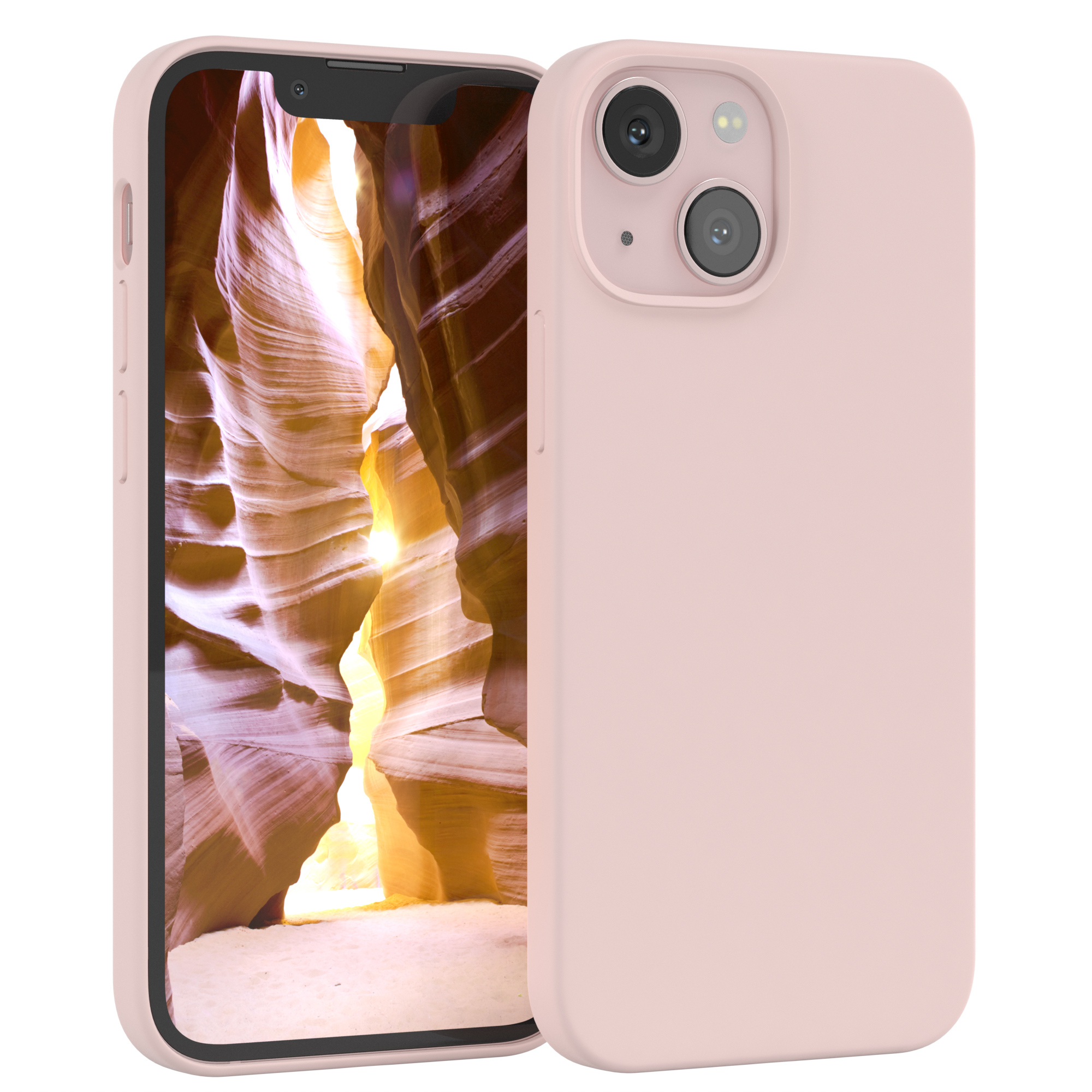 Rosa Handyhülle, Seitenansicht. Telefon zeigt eine Schluchtszene. Weißer Hintergrund.